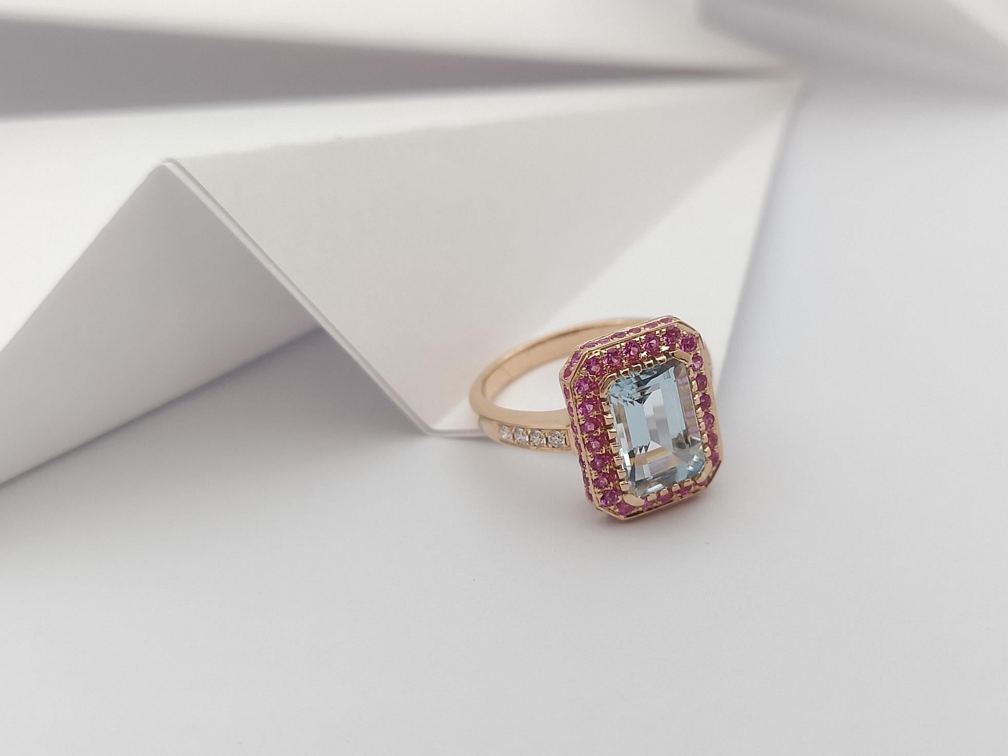 Women's Aquamarine, Pink Sapphire and Diamond Ring Set in 18 Karat Rose Gold Settings For Sale