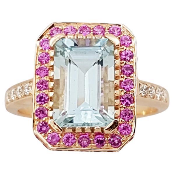 Aquamarine, Pink Sapphire and Diamond Ring Set in 18 Karat Rose Gold Settings For Sale