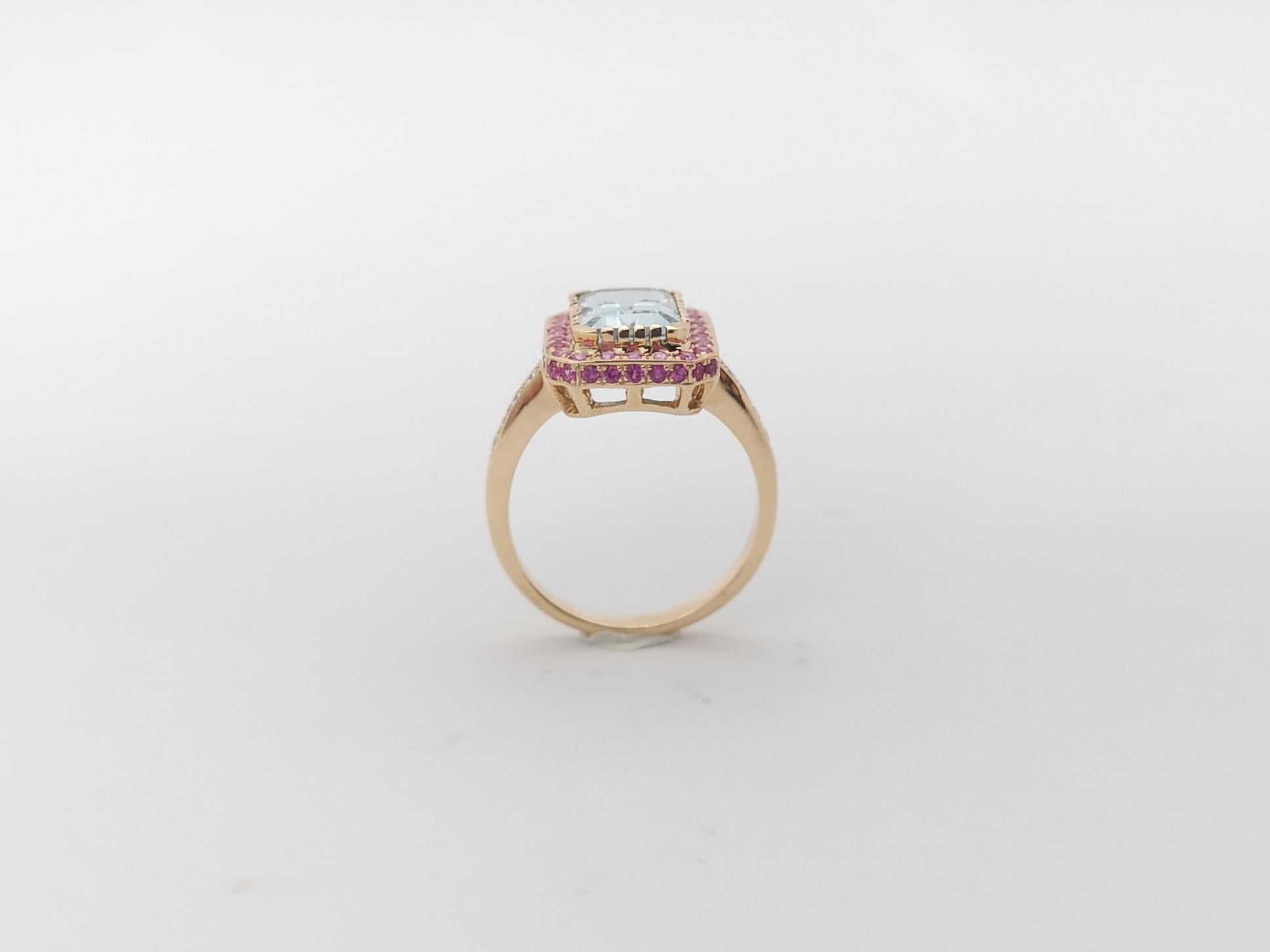 Aquamarine, Pink Sapphire and Diamond Ring Set in 18K Rose Gold Settings For Sale 5