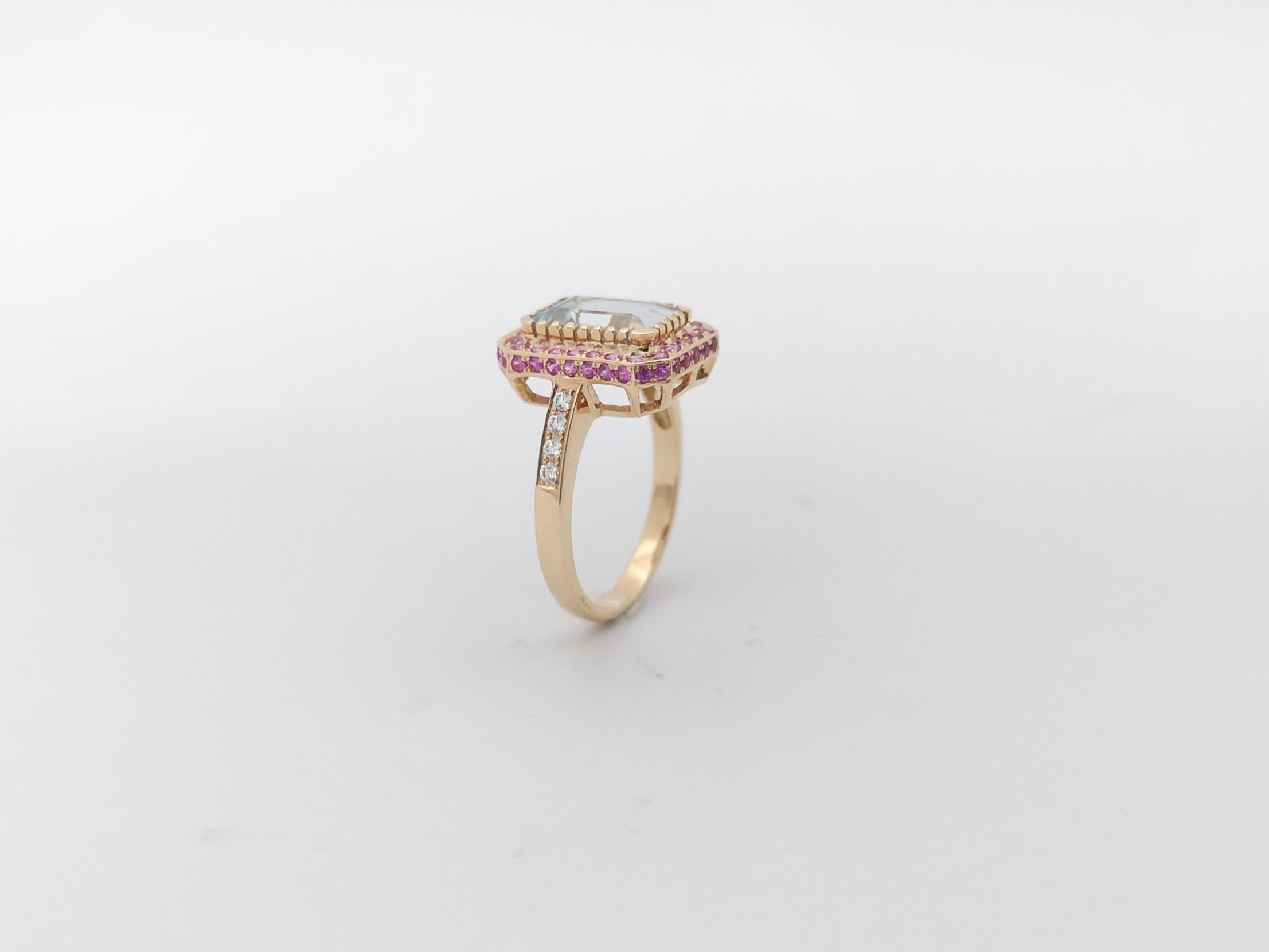 Aquamarine, Pink Sapphire and Diamond Ring Set in 18K Rose Gold Settings For Sale 6