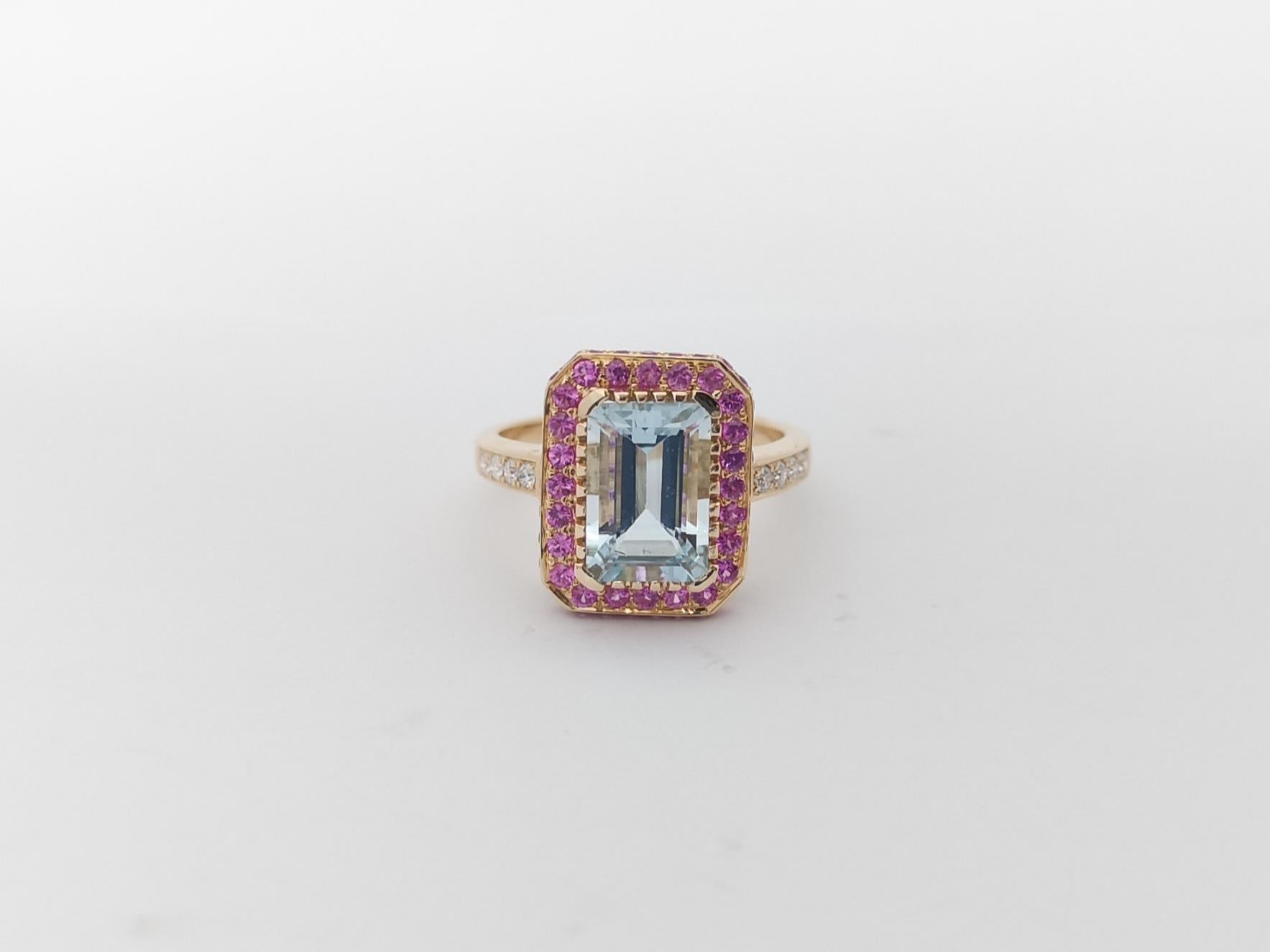 Women's Aquamarine, Pink Sapphire and Diamond Ring Set in 18K Rose Gold Settings For Sale