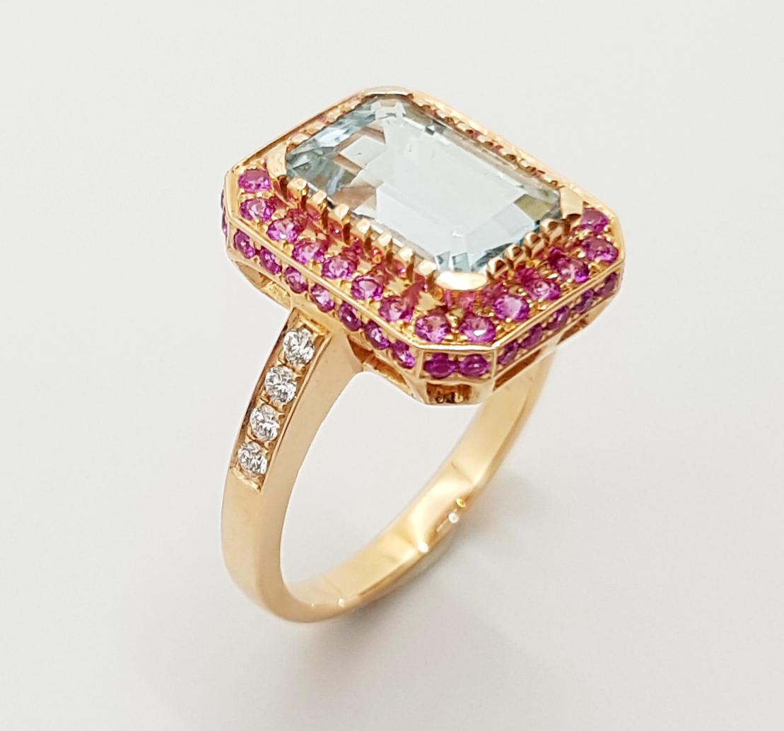 Aquamarine, Pink Sapphire and Diamond Ring Set in 18K Rose Gold Settings For Sale 1
