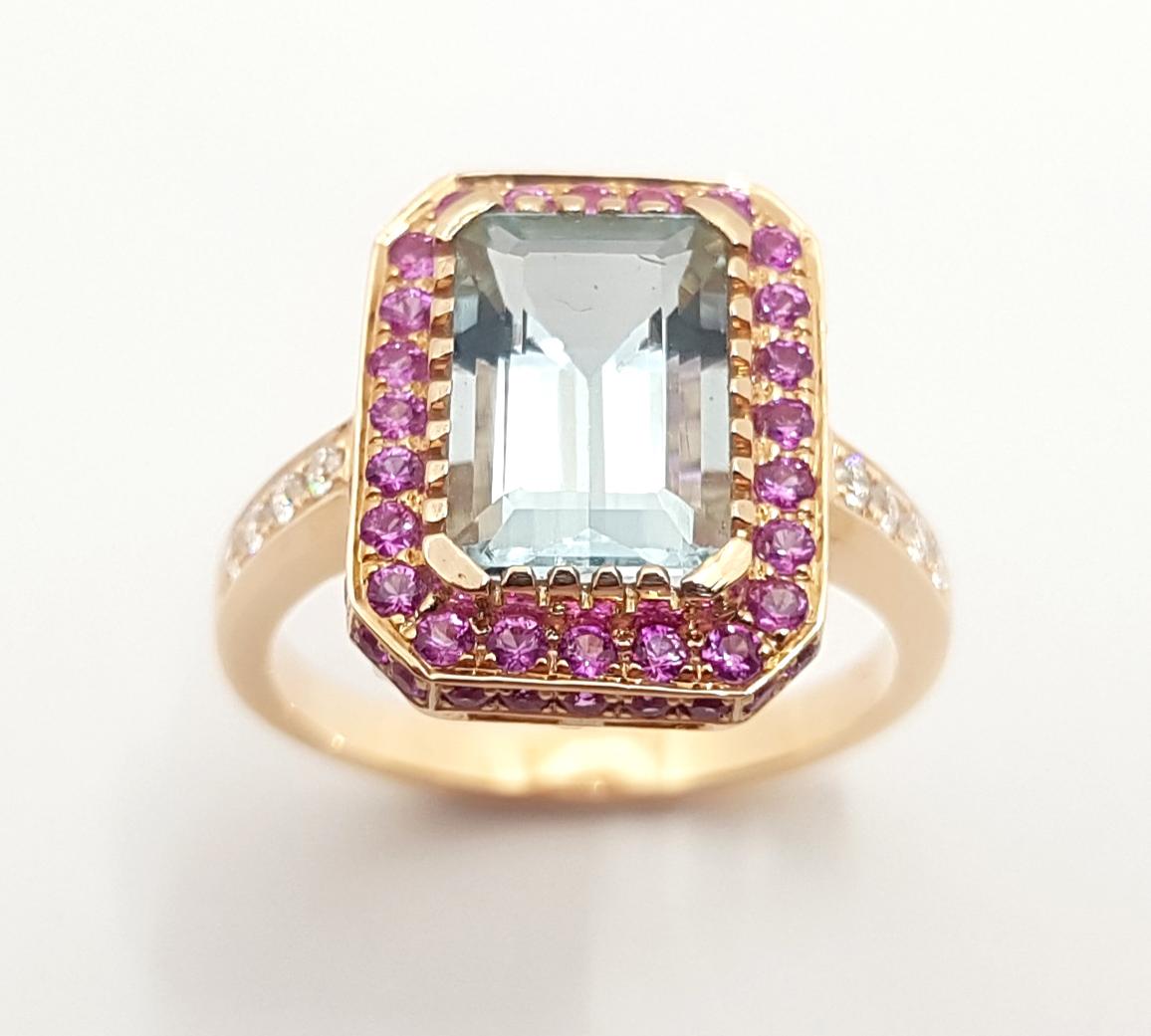 Aquamarine, Pink Sapphire and Diamond Ring Set in 18K Rose Gold Settings For Sale 3