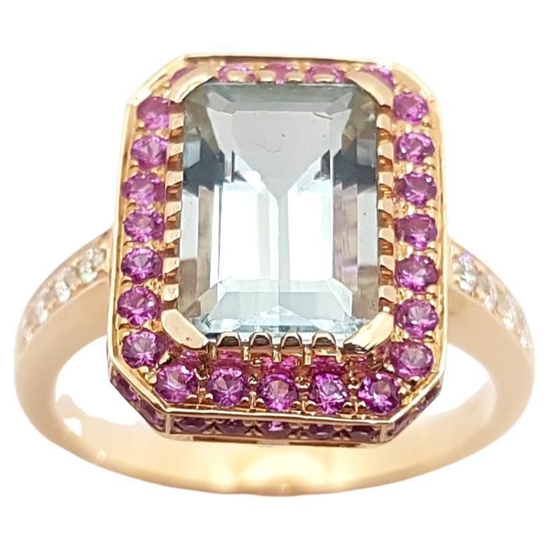 Aquamarine, Pink Sapphire and Diamond Ring Set in 18K Rose Gold Settings For Sale