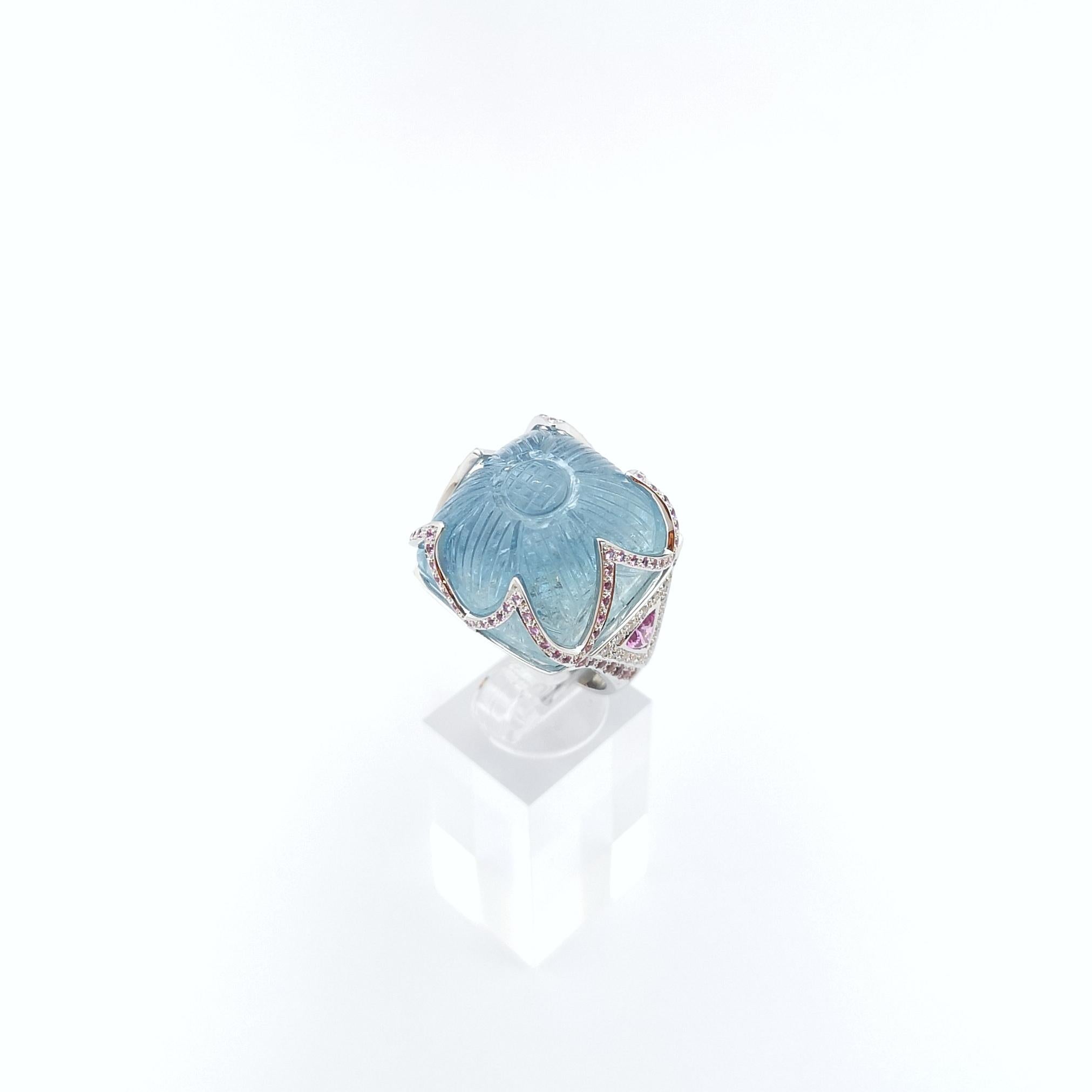 Aquamarine, Pink Sapphire and Diamond Ring set in 18K White Gold Settings For Sale 5