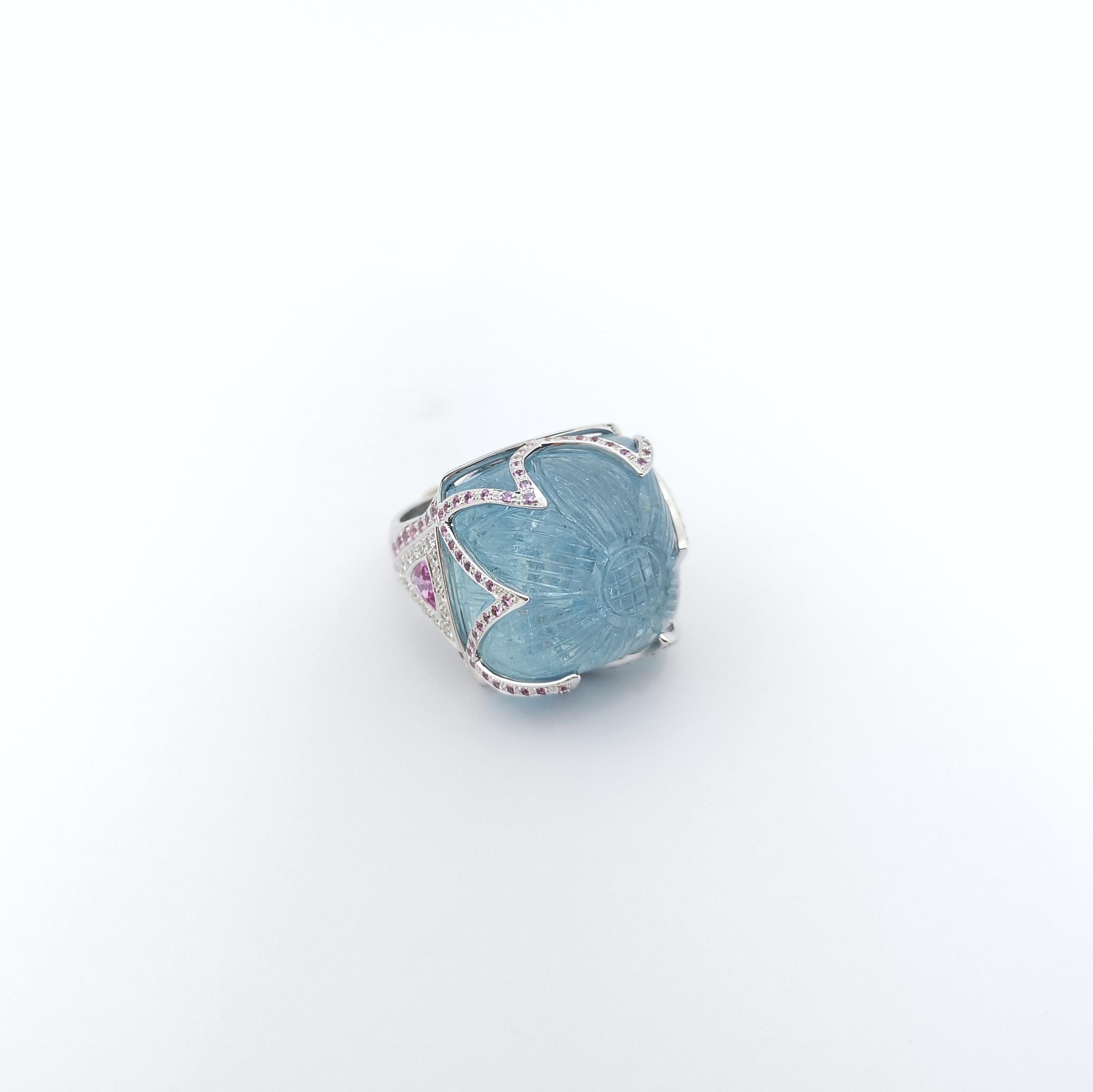 Aquamarine, Pink Sapphire and Diamond Ring set in 18K White Gold Settings For Sale 6