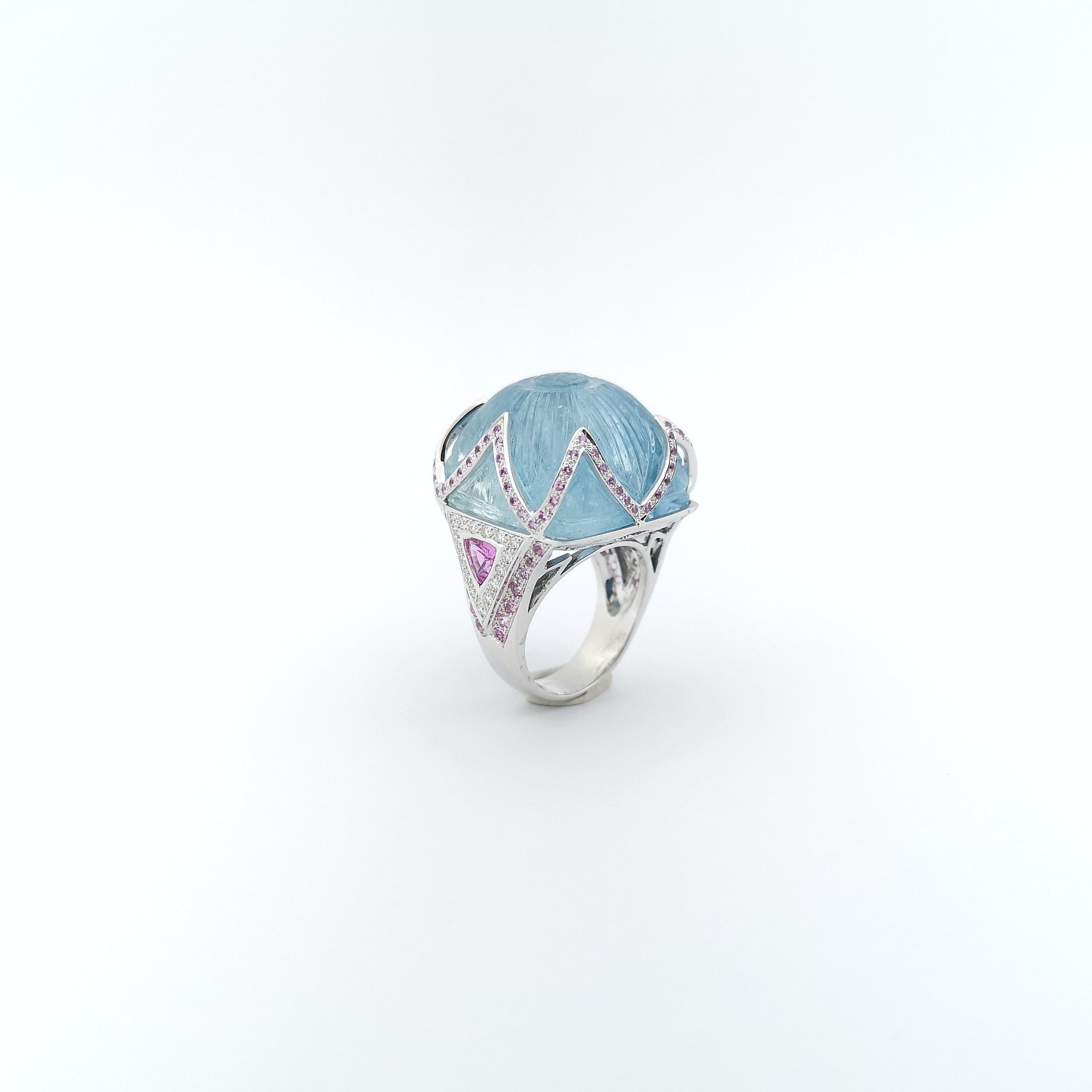Aquamarine, Pink Sapphire and Diamond Ring set in 18K White Gold Settings For Sale 9