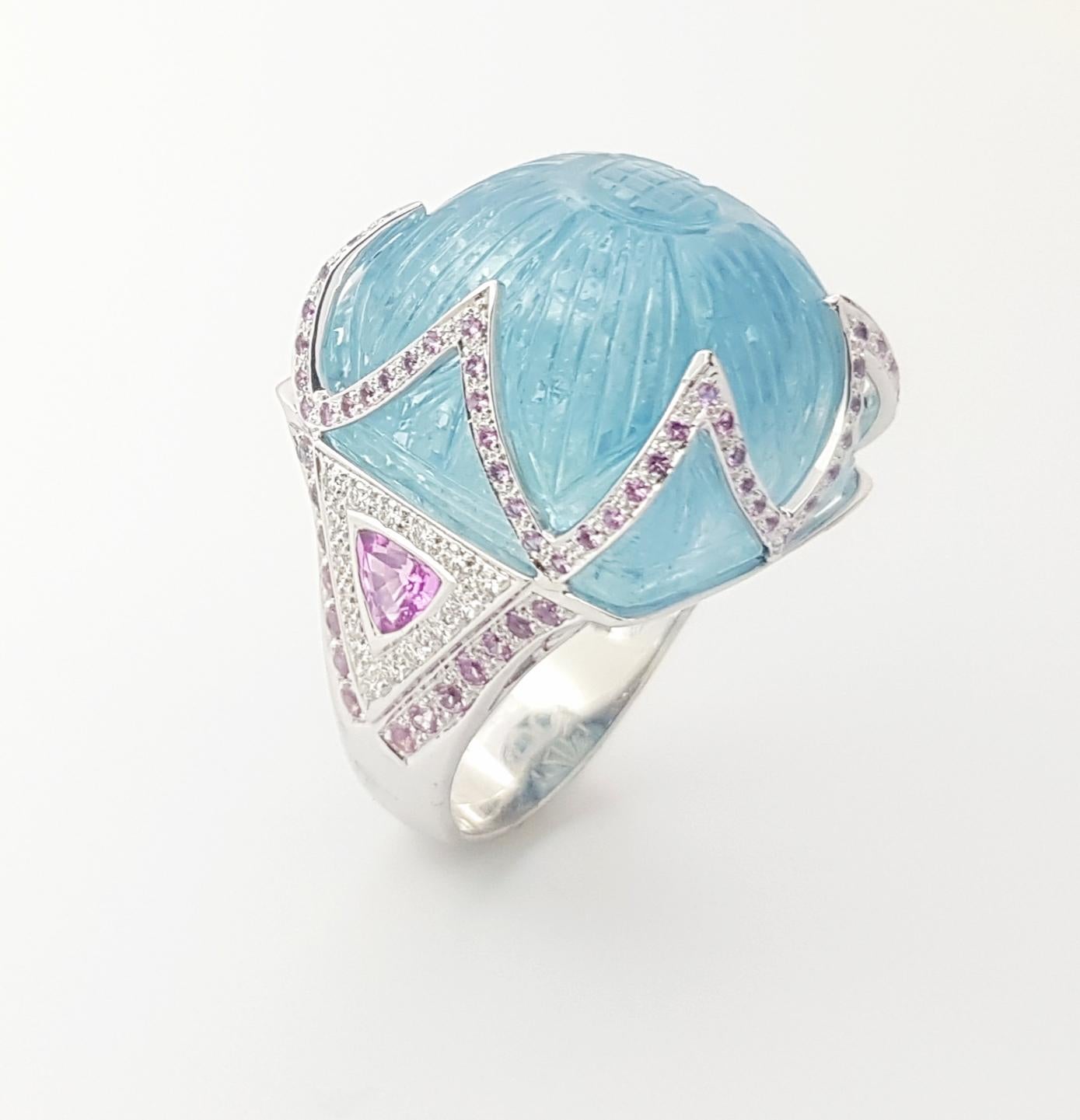 Aquamarine, Pink Sapphire and Diamond Ring set in 18K White Gold Settings For Sale 1