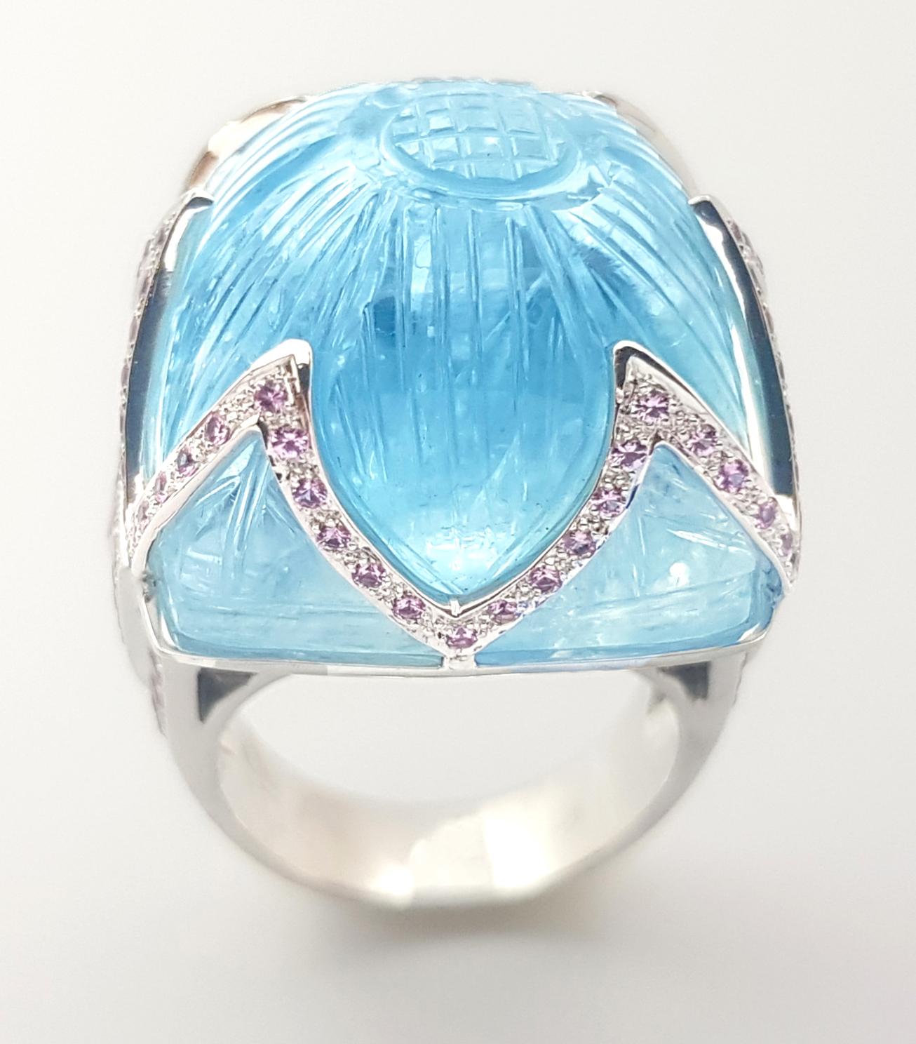 Aquamarine, Pink Sapphire and Diamond Ring set in 18K White Gold Settings For Sale 2