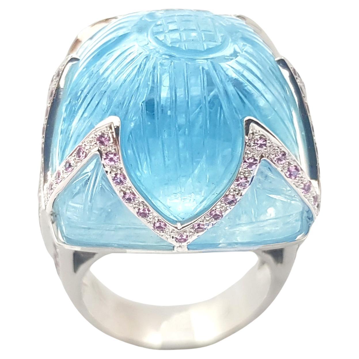 Aquamarine, Pink Sapphire and Diamond Ring set in 18K White Gold Settings For Sale