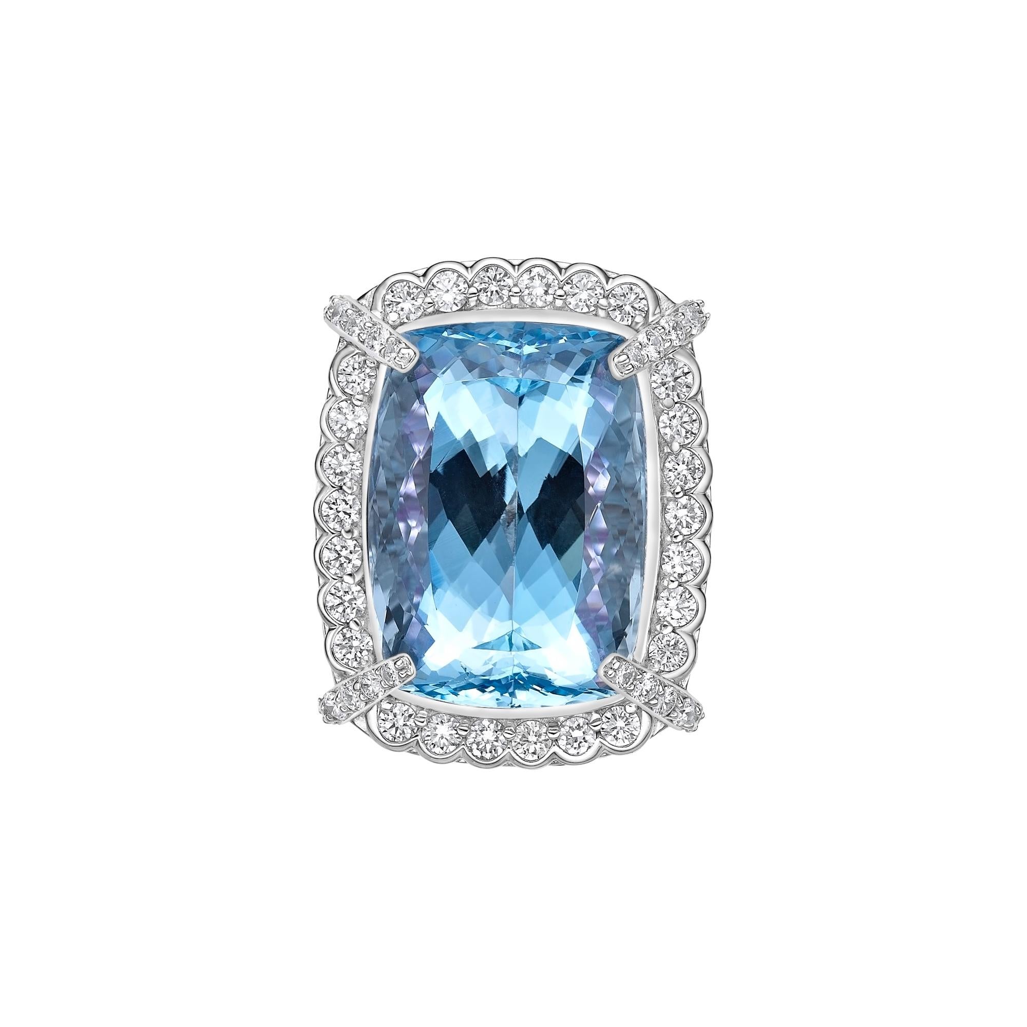 Contemporary Aquamarine, Pink Sapphire and White Diamond Cocktail Ring in 18k White Gold For Sale