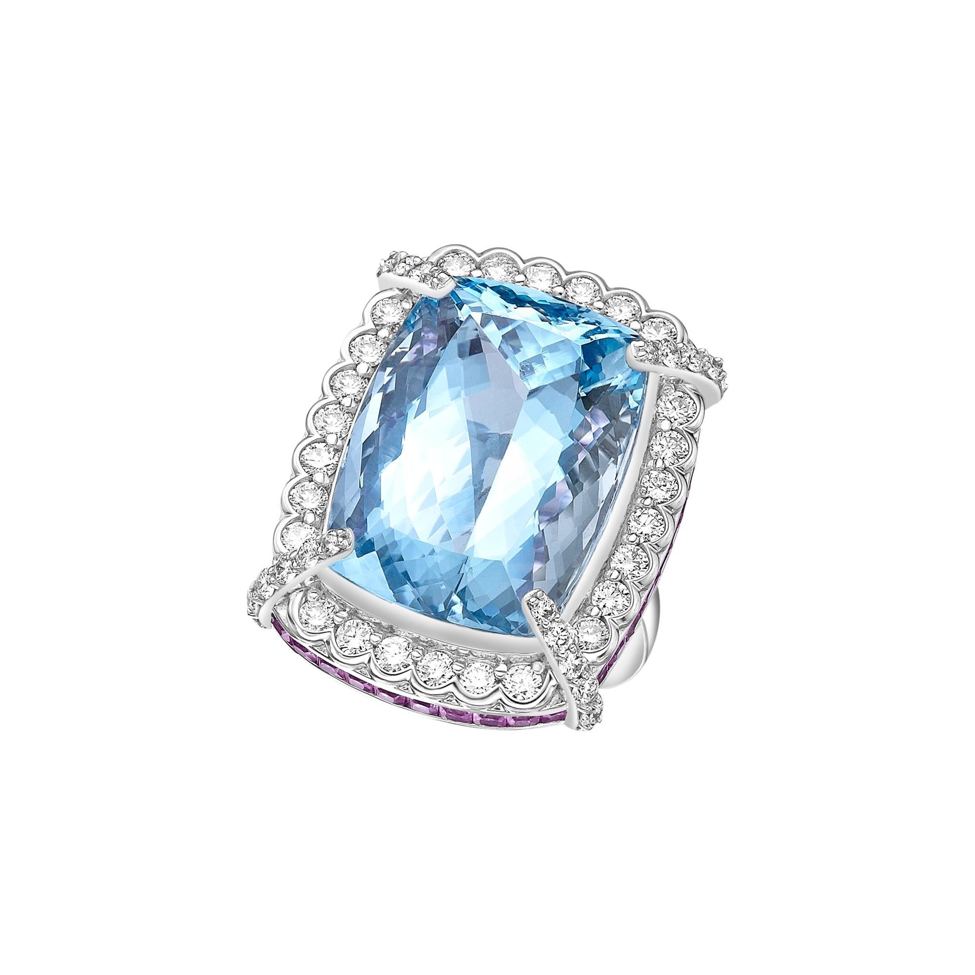 Cushion Cut Aquamarine, Pink Sapphire and White Diamond Cocktail Ring in 18k White Gold For Sale