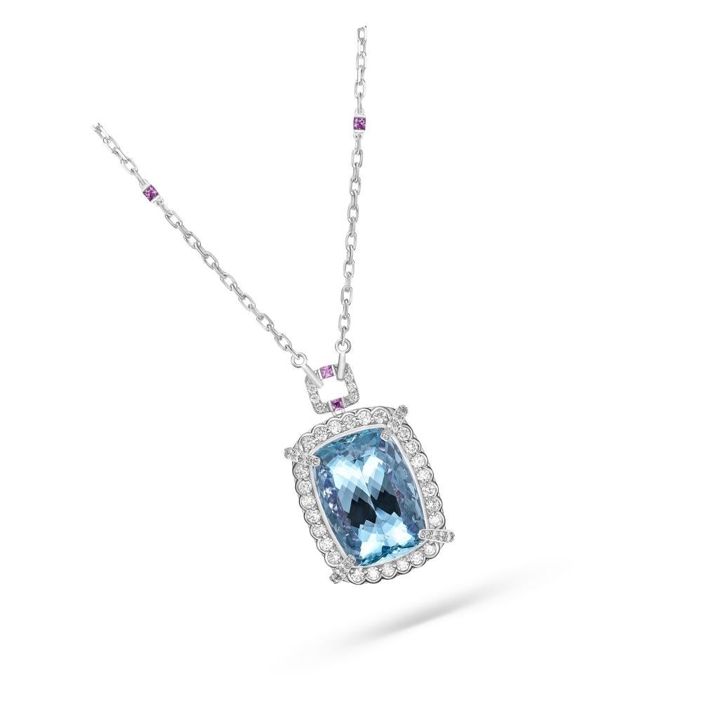 Contemporary Aquamarine, Pink Sapphire and White Diamond Pendant in 18 Karat White Gold For Sale