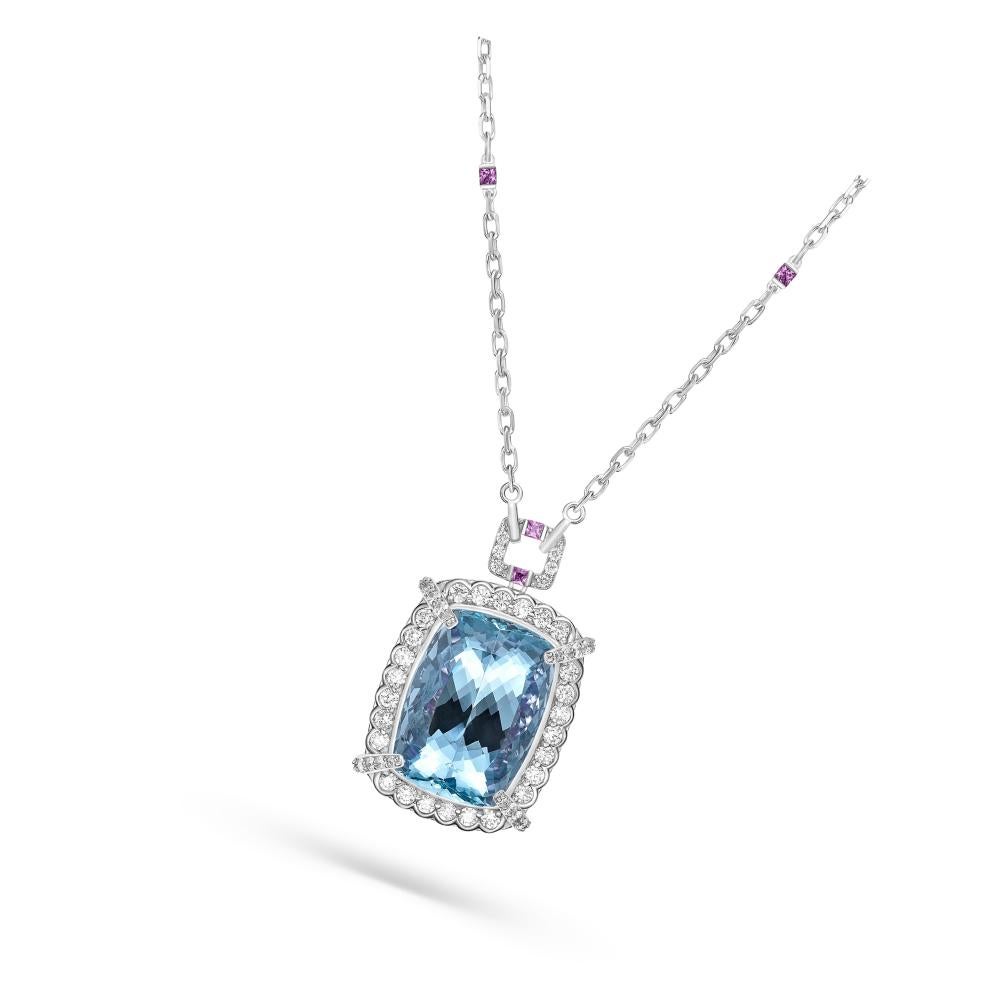 Aquamarine, Pink Sapphire and White Diamond Pendant in 18 Karat White Gold In New Condition For Sale In Hong Kong, HK