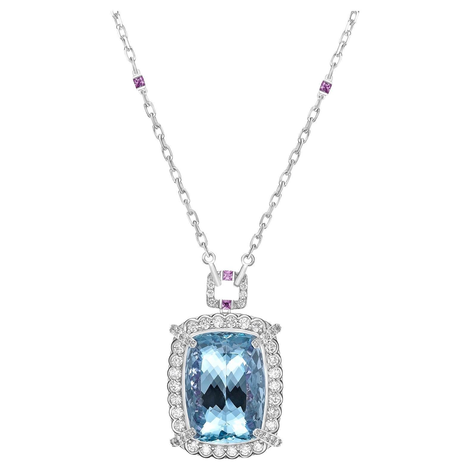 Aquamarine, Pink Sapphire and White Diamond Pendant in 18 Karat White Gold For Sale