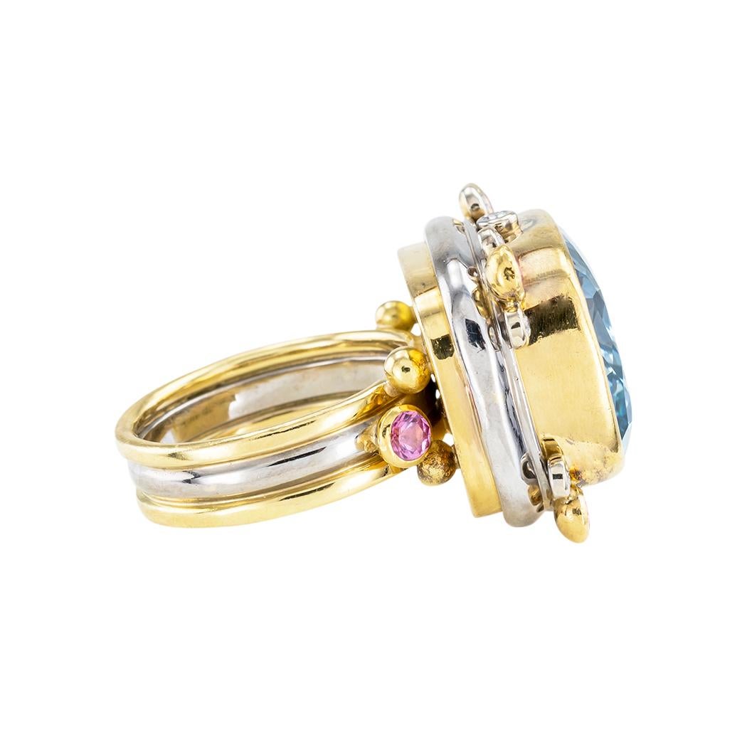 Zweifarbiger Gold Cocktail-Ring, Aquamarin, Rosa Saphir, Diamant  (Arts and Crafts) im Angebot