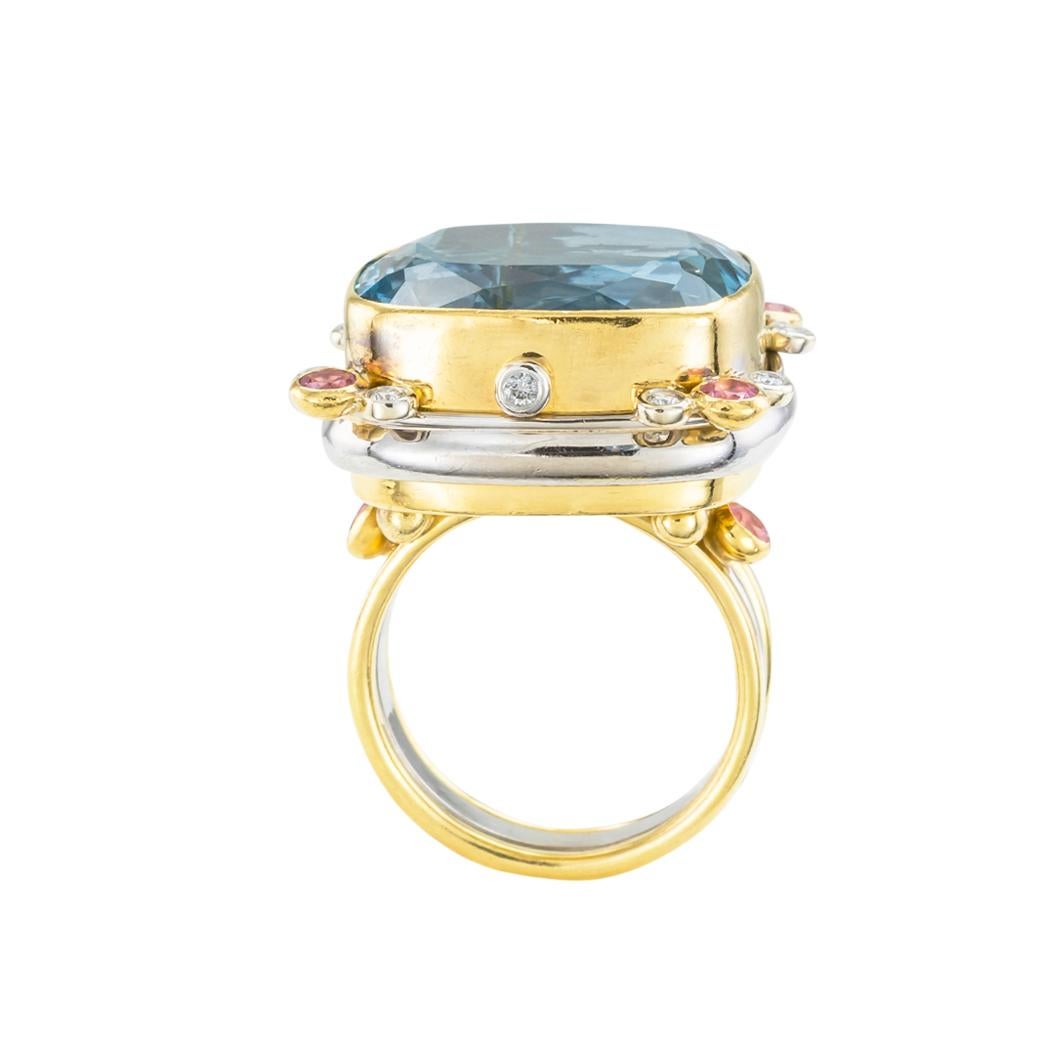 Cushion Cut Aquamarine Pink Sapphire Diamond Two Tone Gold Cocktail Ring For Sale