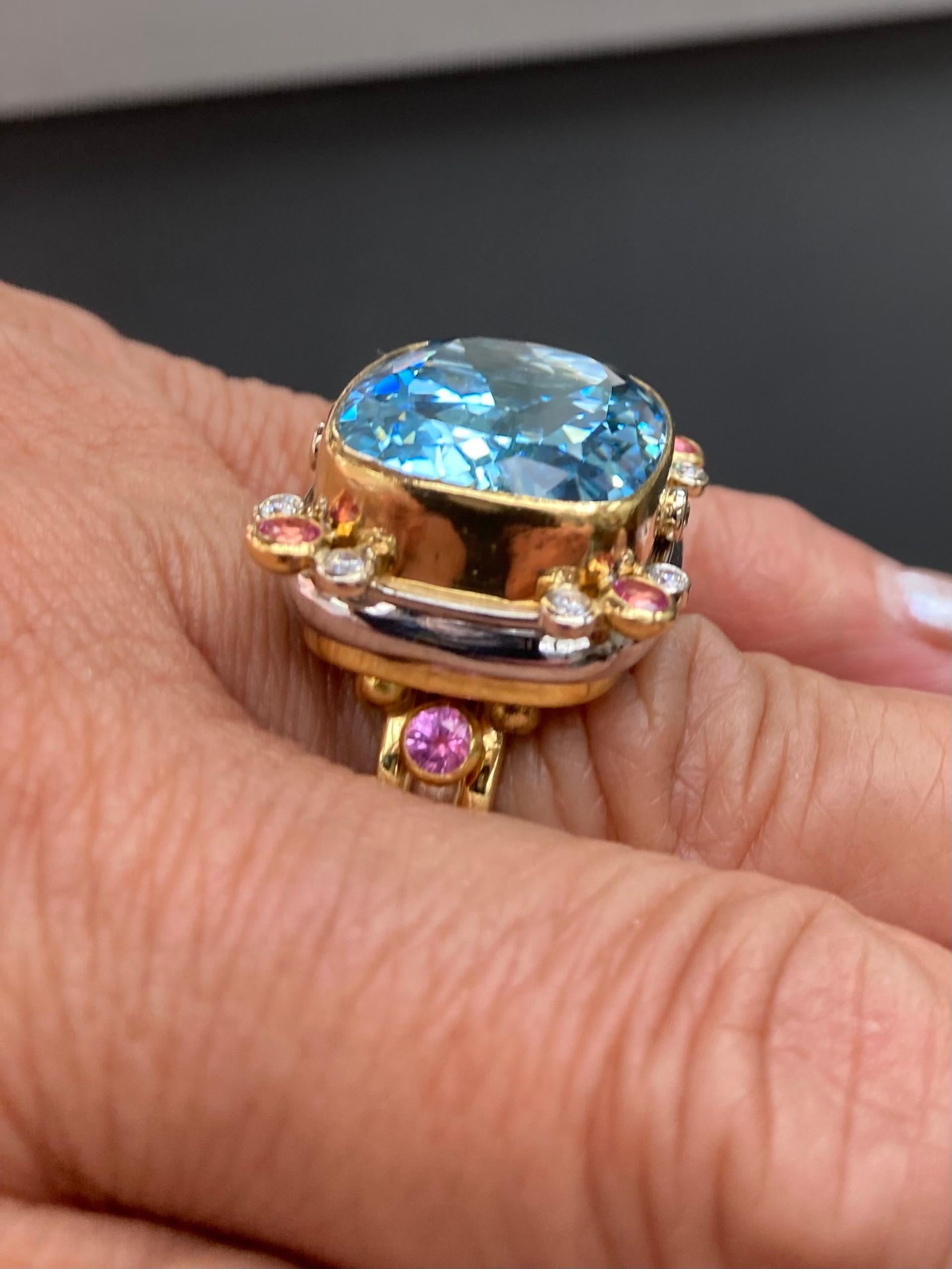 Aquamarine Pink Sapphire Diamond Two Tone Gold Cocktail Ring For Sale 1
