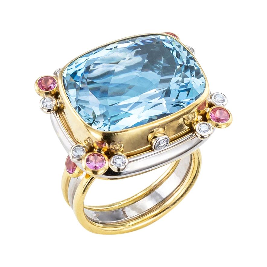 Zweifarbiger Gold Cocktail-Ring, Aquamarin, Rosa Saphir, Diamant  im Angebot