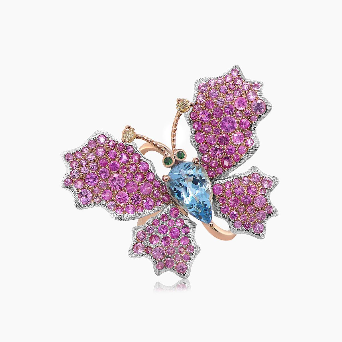 Aquamarin & Pink Saphir Pave Diamanten Schmetterling Sweet 18K Rose Gold Ring (Gemischter Schliff) im Angebot