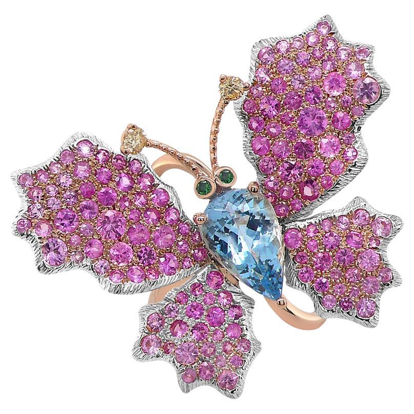 Aquamarin & Pink Saphir Pave Diamanten Schmetterling Sweet 18K Rose Gold Ring im Angebot