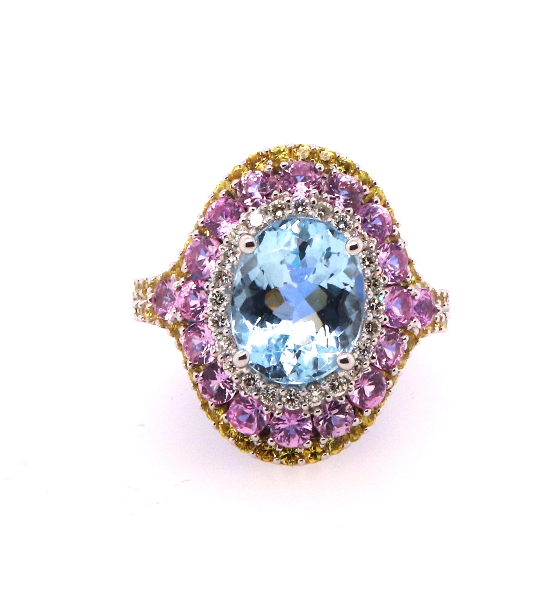 Contemporary Aquamarine, Pink Sapphire, Yellow Sapphire and Diamond Ring