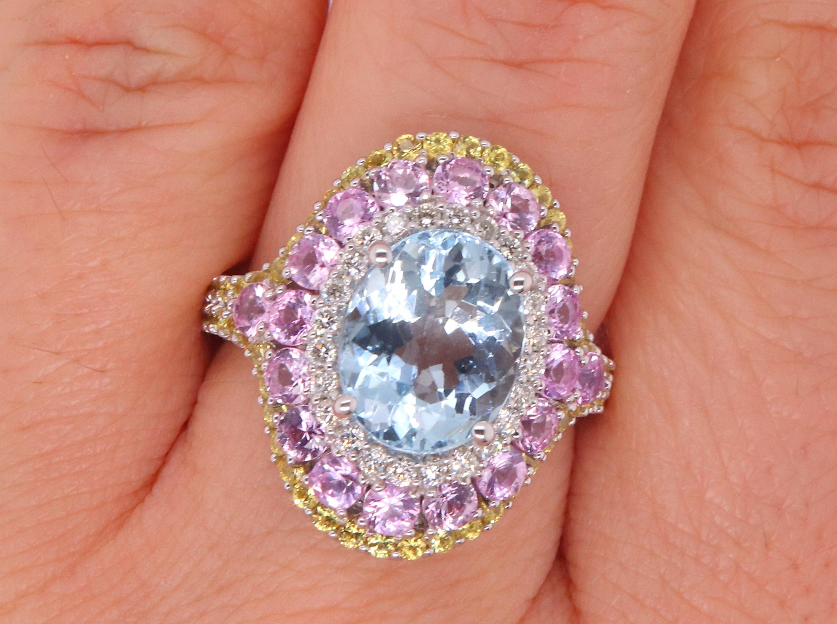 Cushion Cut Aquamarine, Pink Sapphire, Yellow Sapphire and Diamond Ring