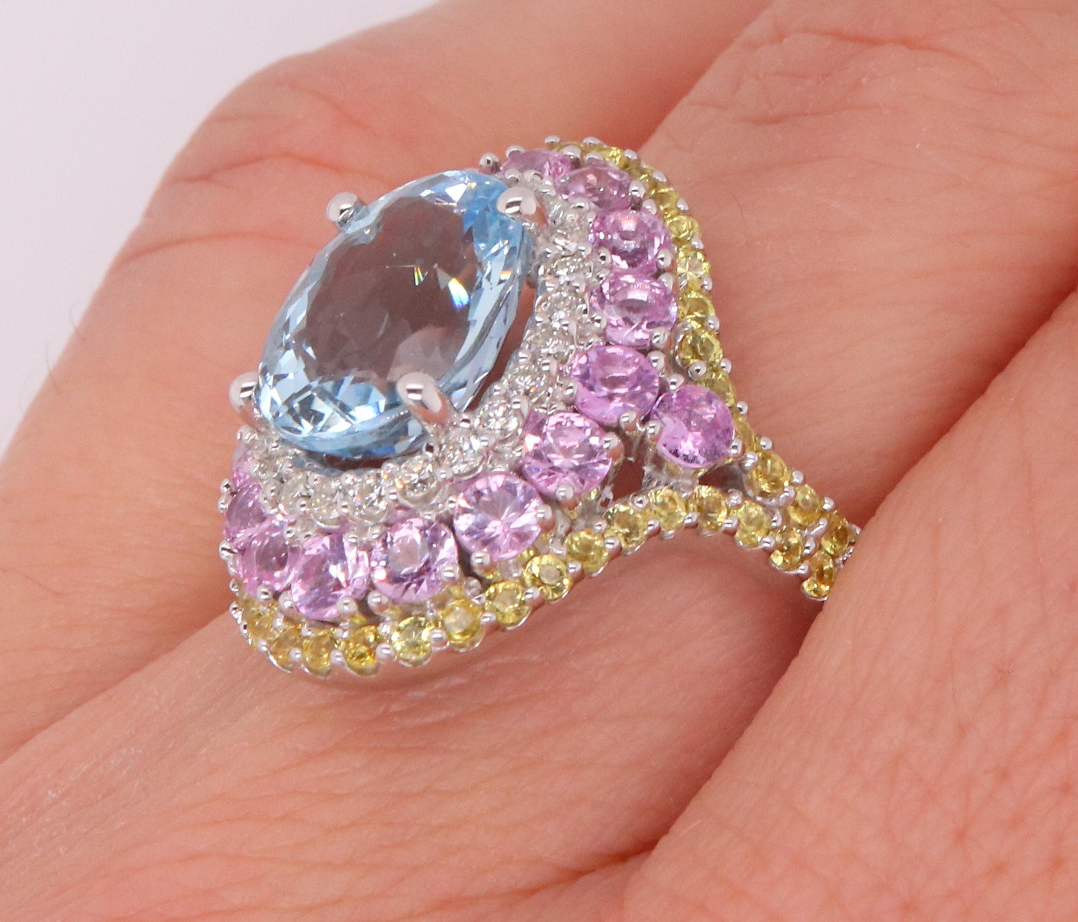 Aquamarine, Pink Sapphire, Yellow Sapphire and Diamond Ring In New Condition In GREAT NECK, NY