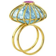 Ico & the Bird 21.5ctst Aquamarine Pink Tourmaline 18k Gold Cage Ring 