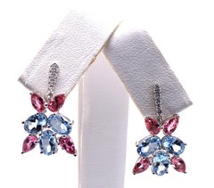 Aquamarine Pink Tourmaline Diamond 18 Karat White Gold Earrings