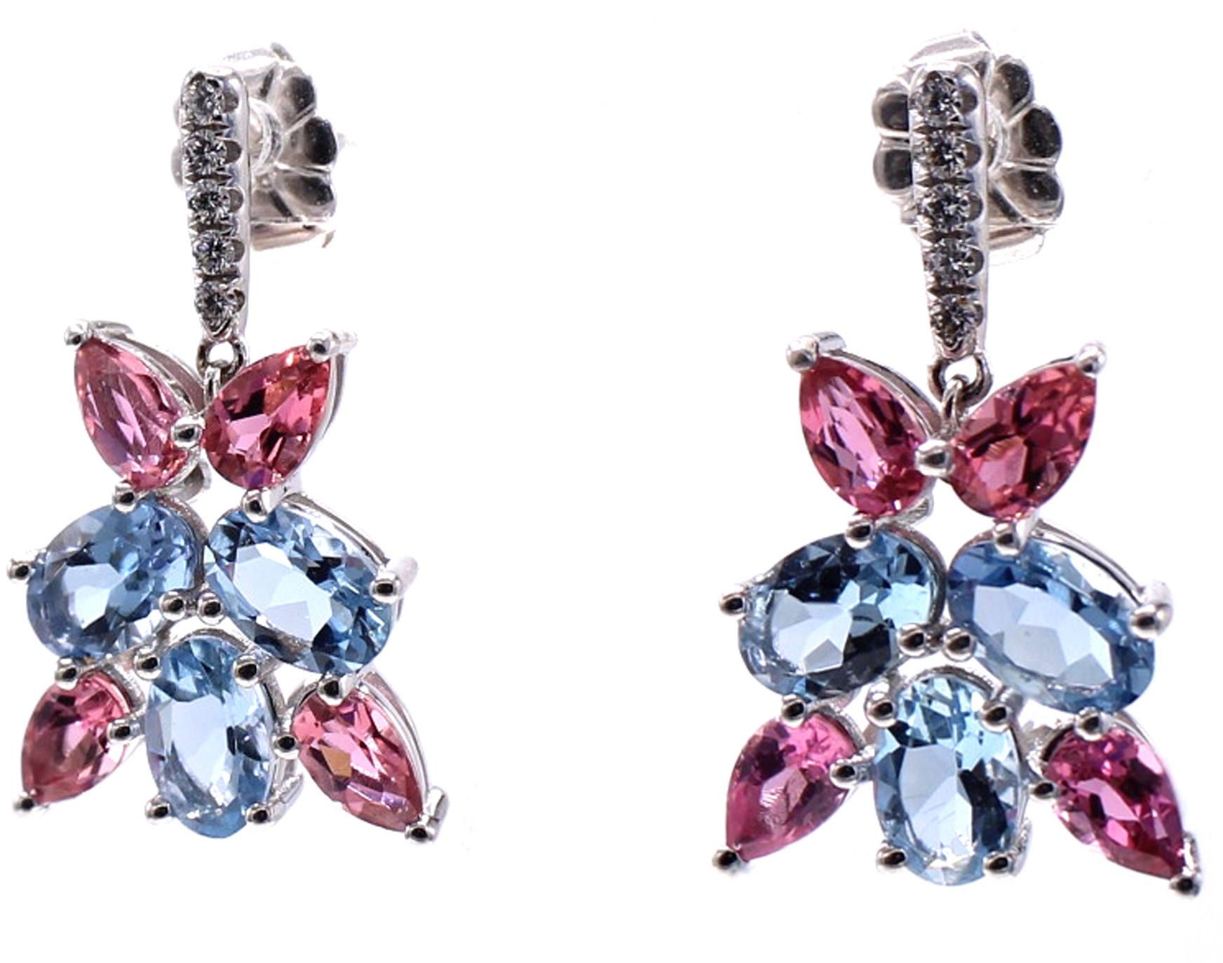 Contemporary Aquamarine Pink Tourmaline Diamond 18 Karat White Gold Earrings For Sale
