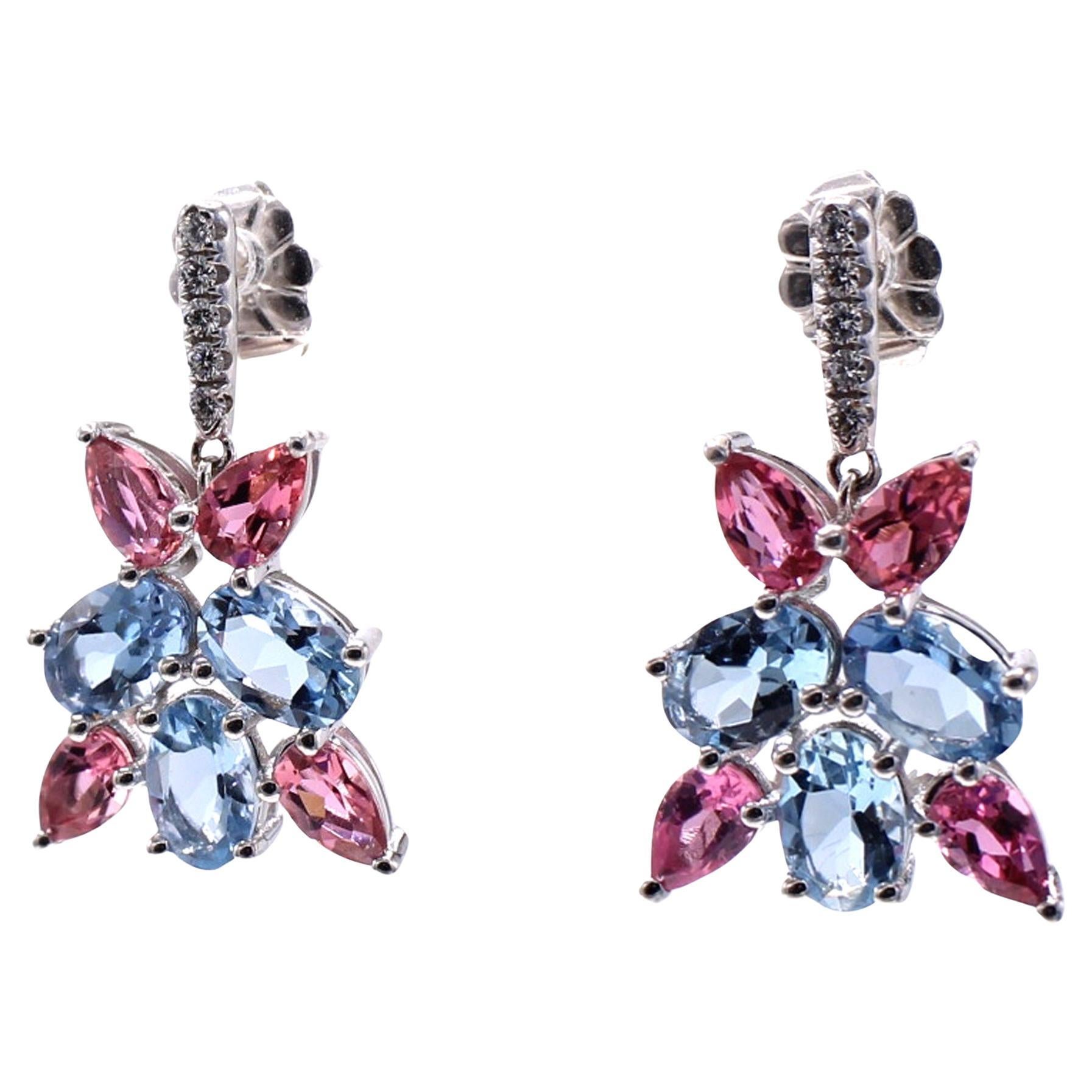 Aquamarine Pink Tourmaline Diamond 18 Karat White Gold Earrings For Sale