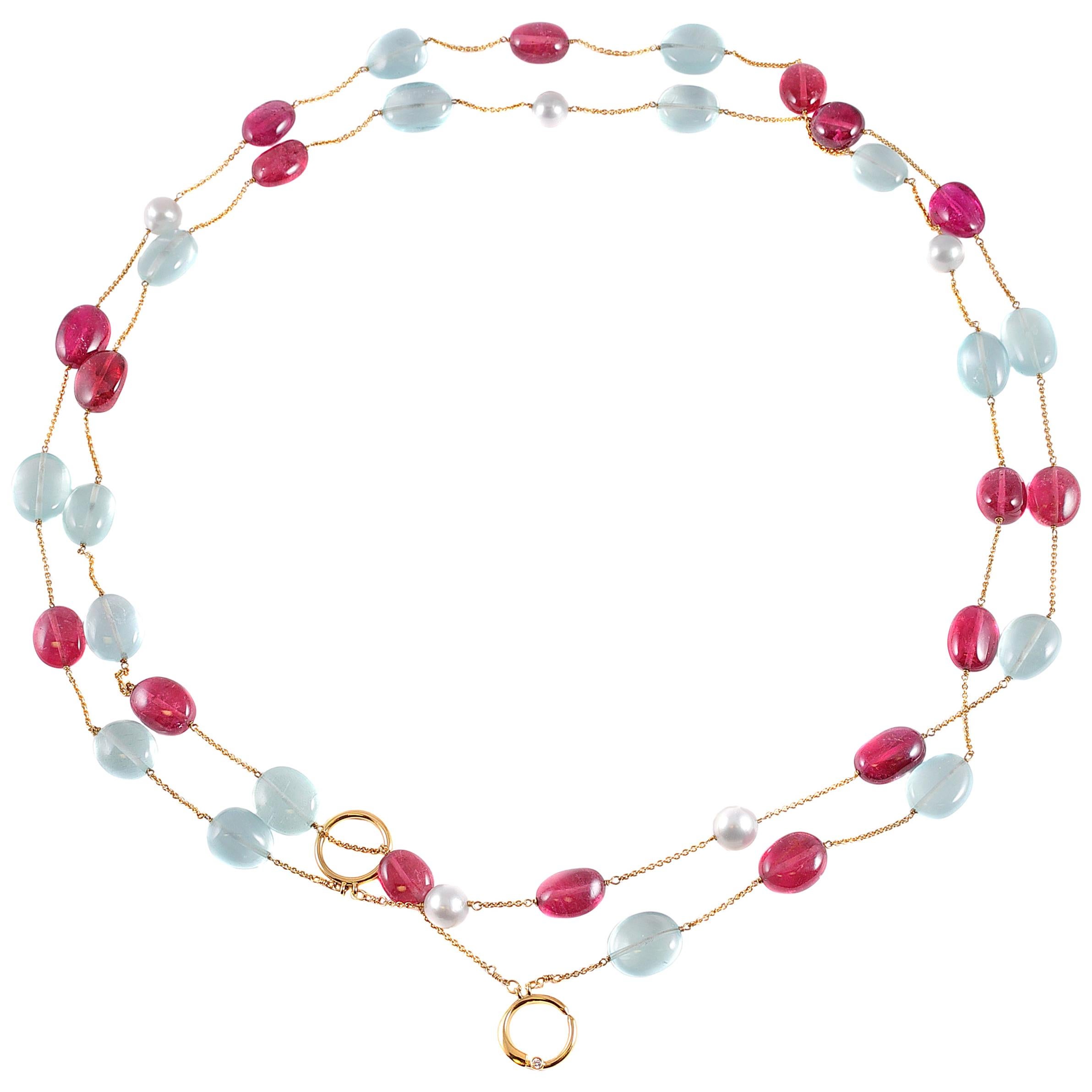 Aquamarine Pink Tourmaline Rubellite Pearl Necklace For Sale