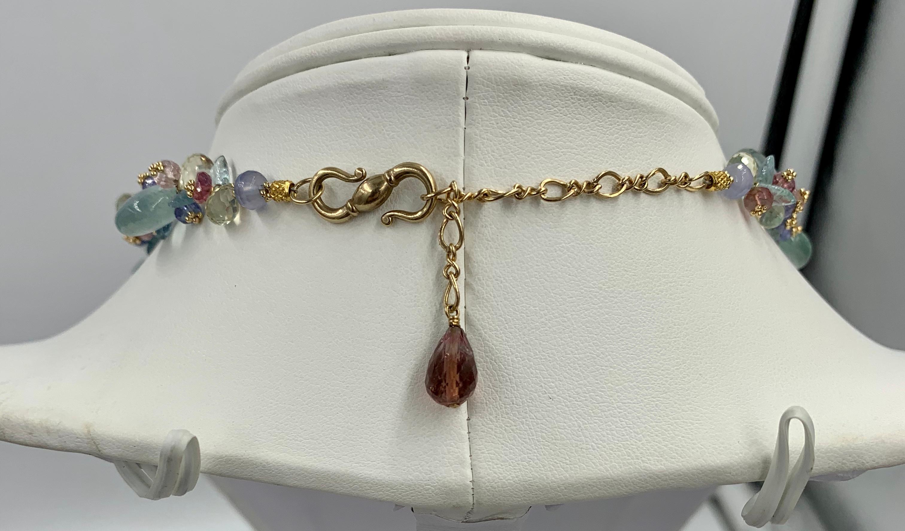 Aquamarine Pink Tourmaline Tanzanite Necklace Multi Gem 14 Karat Gold For Sale 4