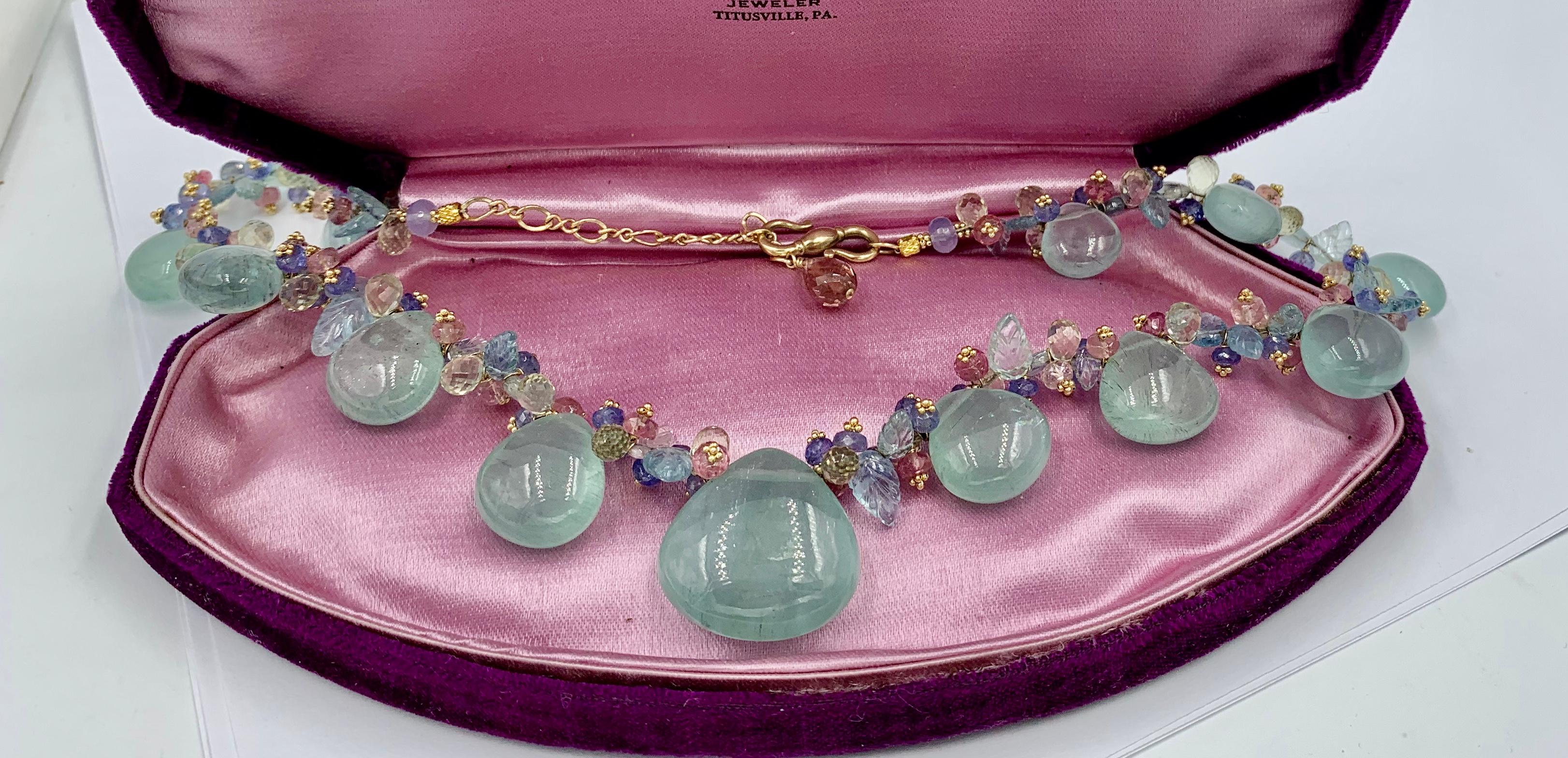 Contemporary Aquamarine Pink Tourmaline Tanzanite Necklace Multi Gem 14 Karat Gold For Sale