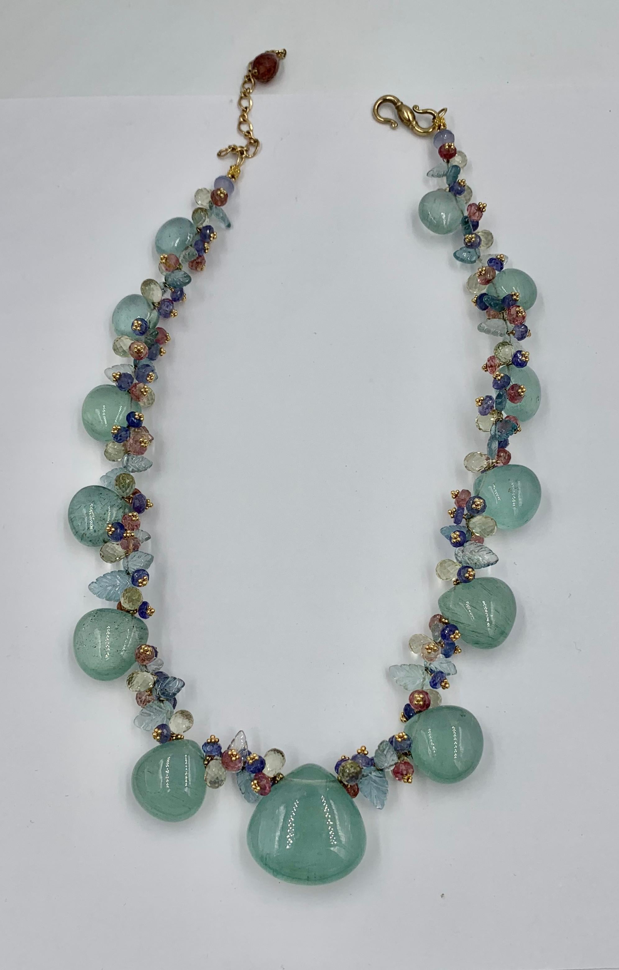 Mixed Cut Aquamarine Pink Tourmaline Tanzanite Necklace Multi Gem 14 Karat Gold For Sale