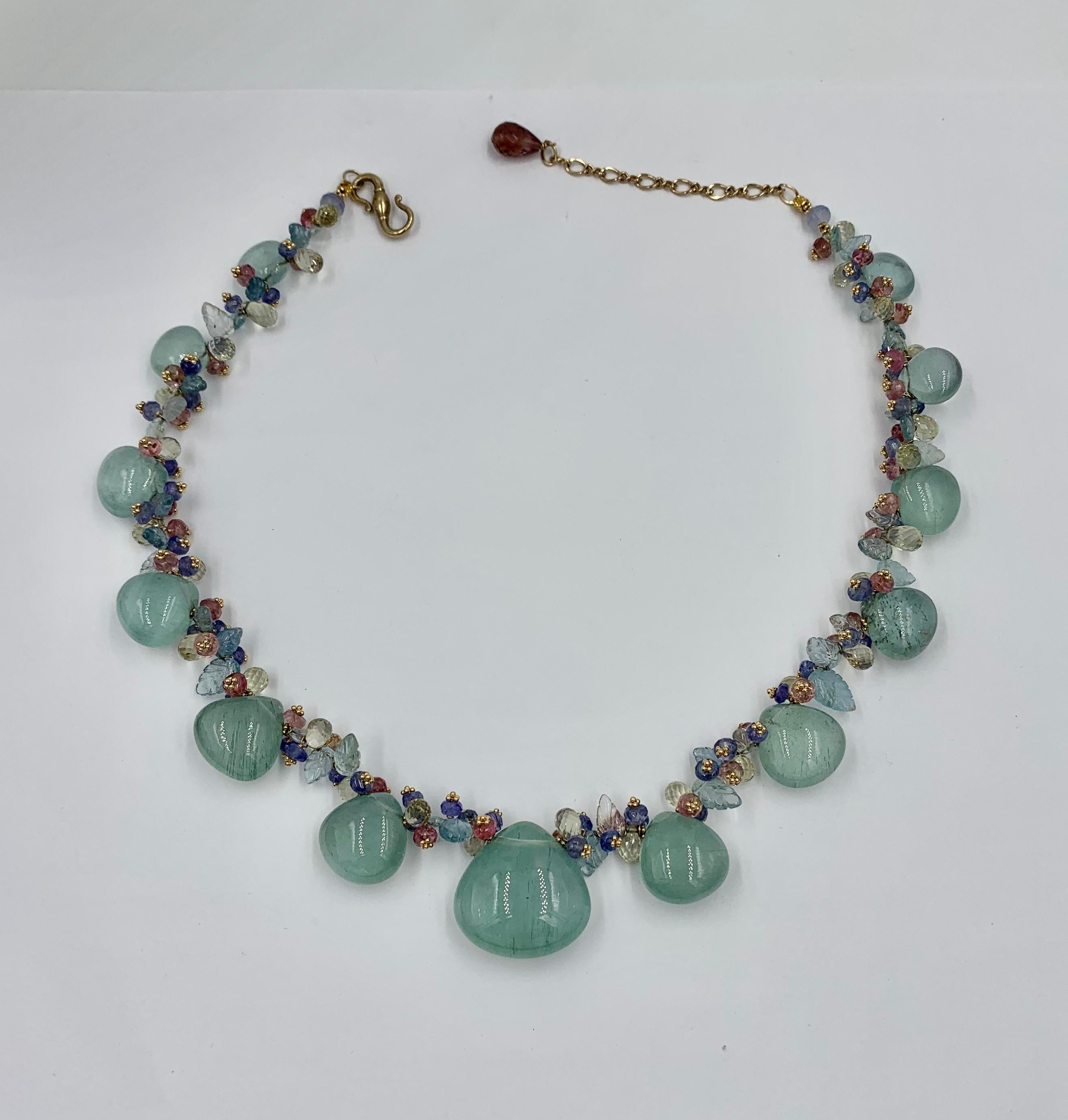 Aquamarine Pink Tourmaline Tanzanite Necklace Multi Gem 14 Karat Gold In Excellent Condition For Sale In New York, NY