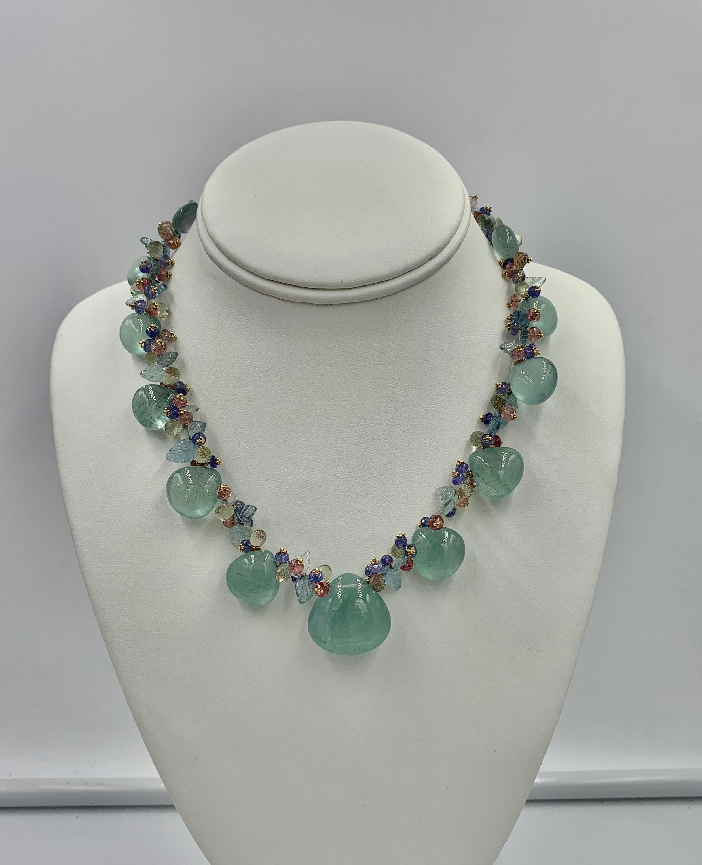 Women's Aquamarine Pink Tourmaline Tanzanite Necklace Multi Gem 14 Karat Gold