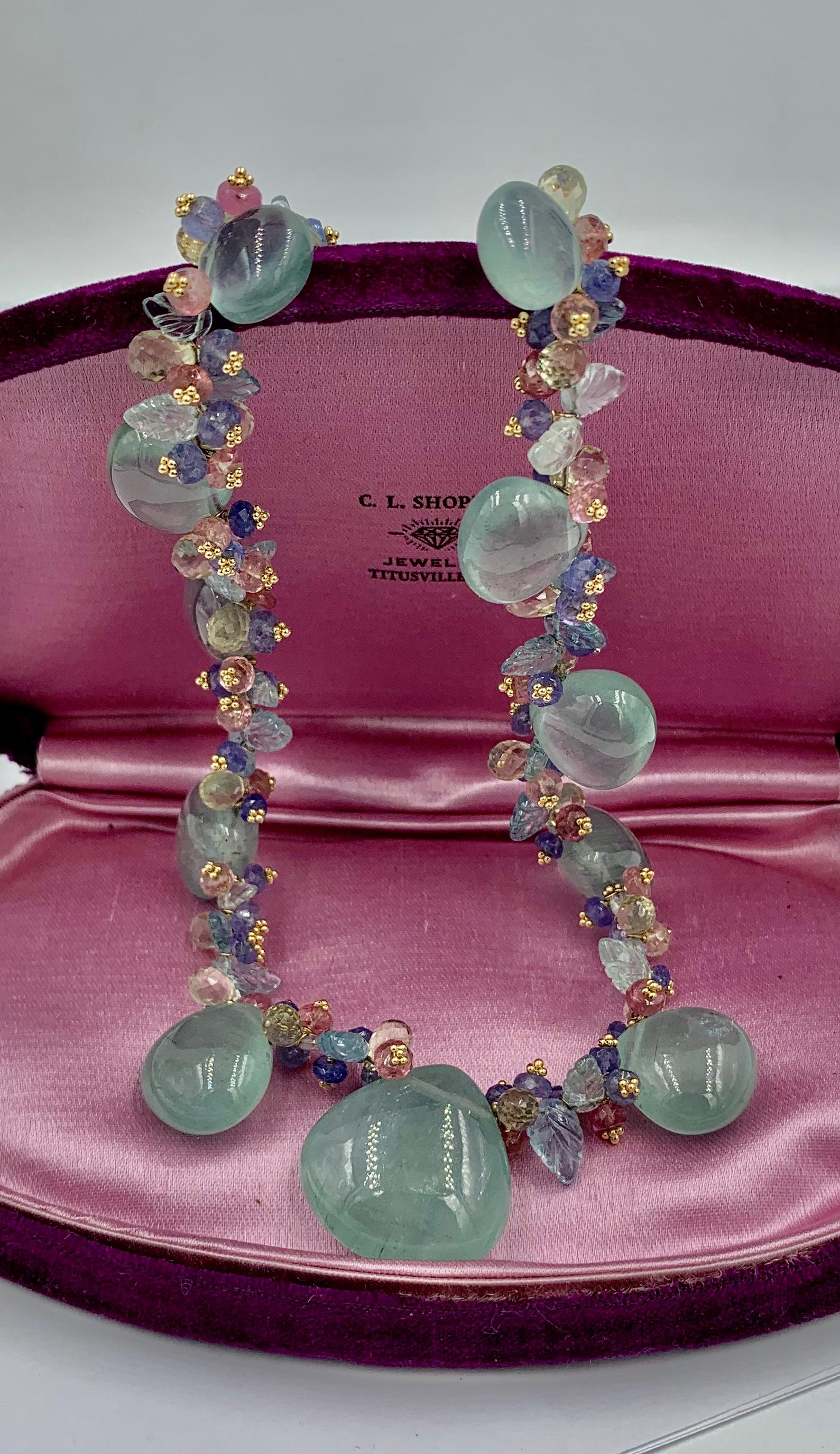 Aquamarine Pink Tourmaline Tanzanite Necklace Multi Gem 14 Karat Gold For Sale 1