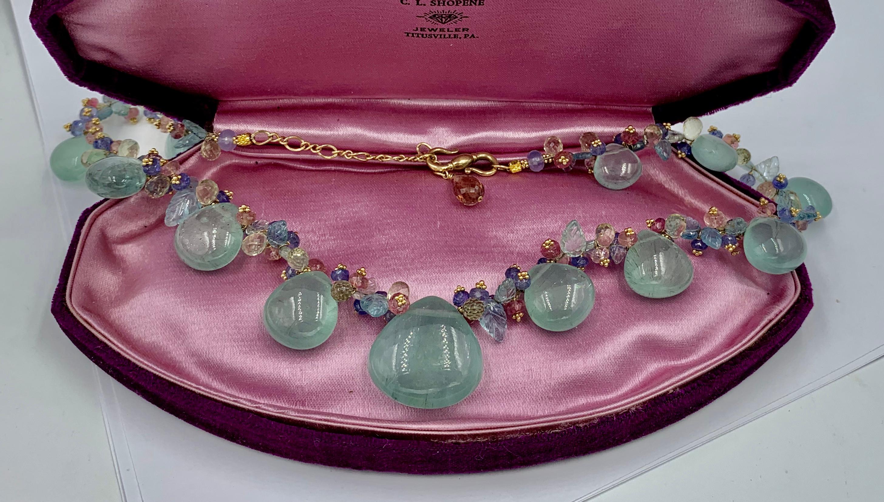 Aquamarine Pink Tourmaline Tanzanite Necklace Multi Gem 14 Karat Gold For Sale 2