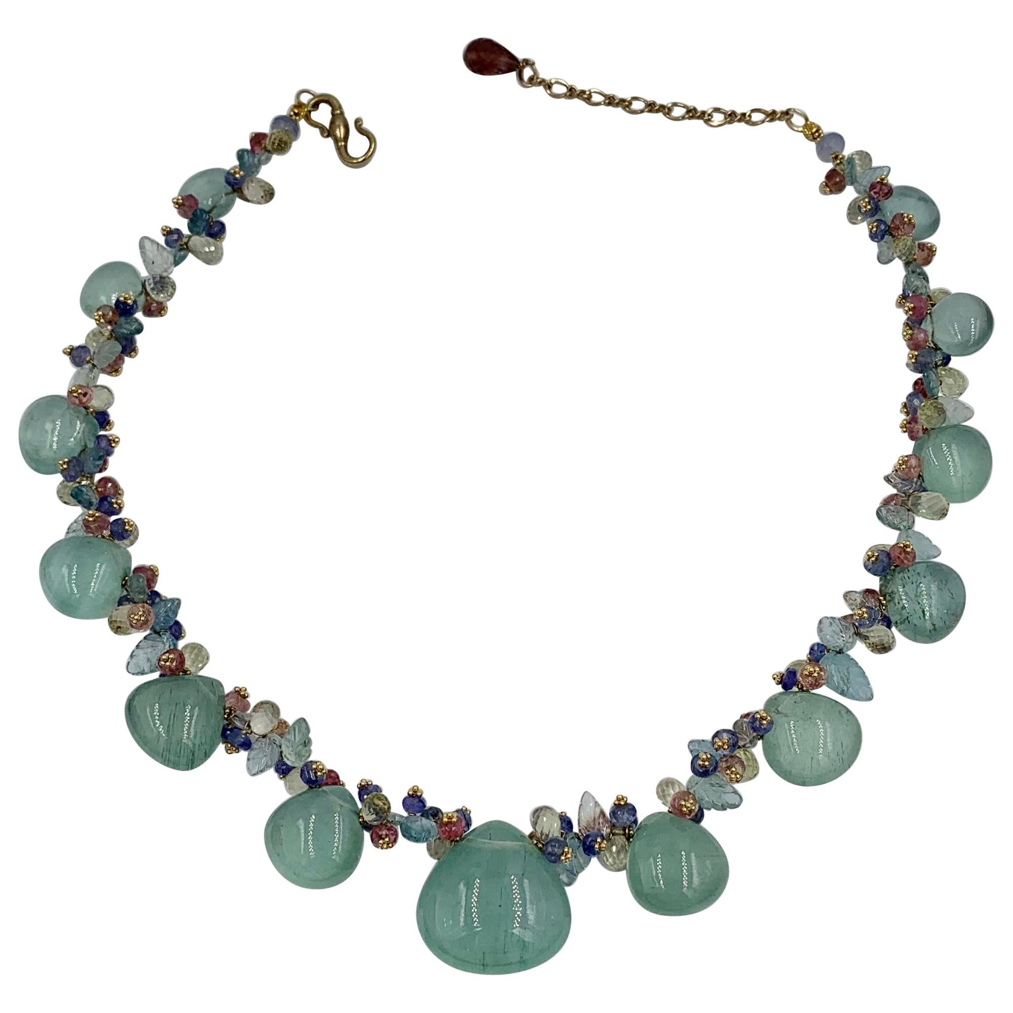 Aquamarine Pink Tourmaline Tanzanite Necklace Multi Gem 14 Karat Gold For Sale