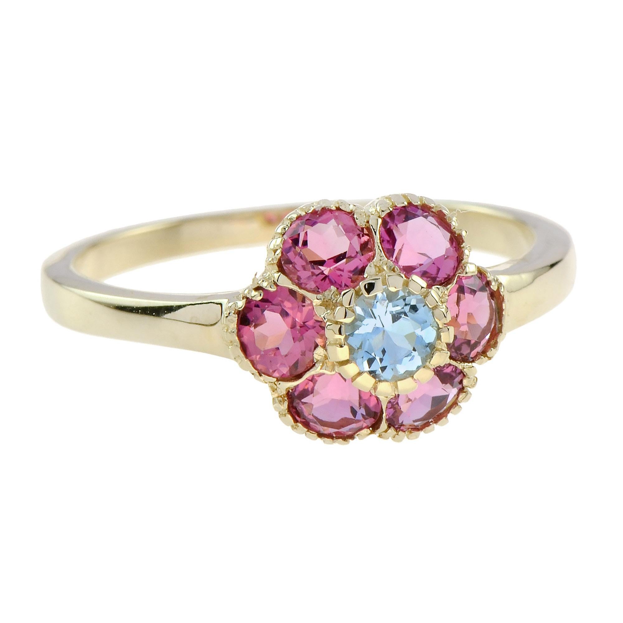 Anillo en racimo floral vintage de turmalina rosa aguamarina en oro amarillo de 9 quilates Art Decó en venta