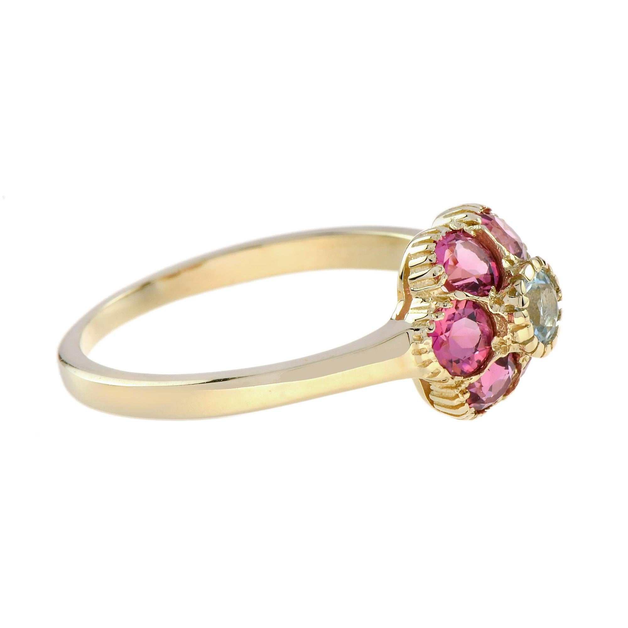 Anillo en racimo floral vintage de turmalina rosa aguamarina en oro amarillo de 9 quilates Corte redondo en venta