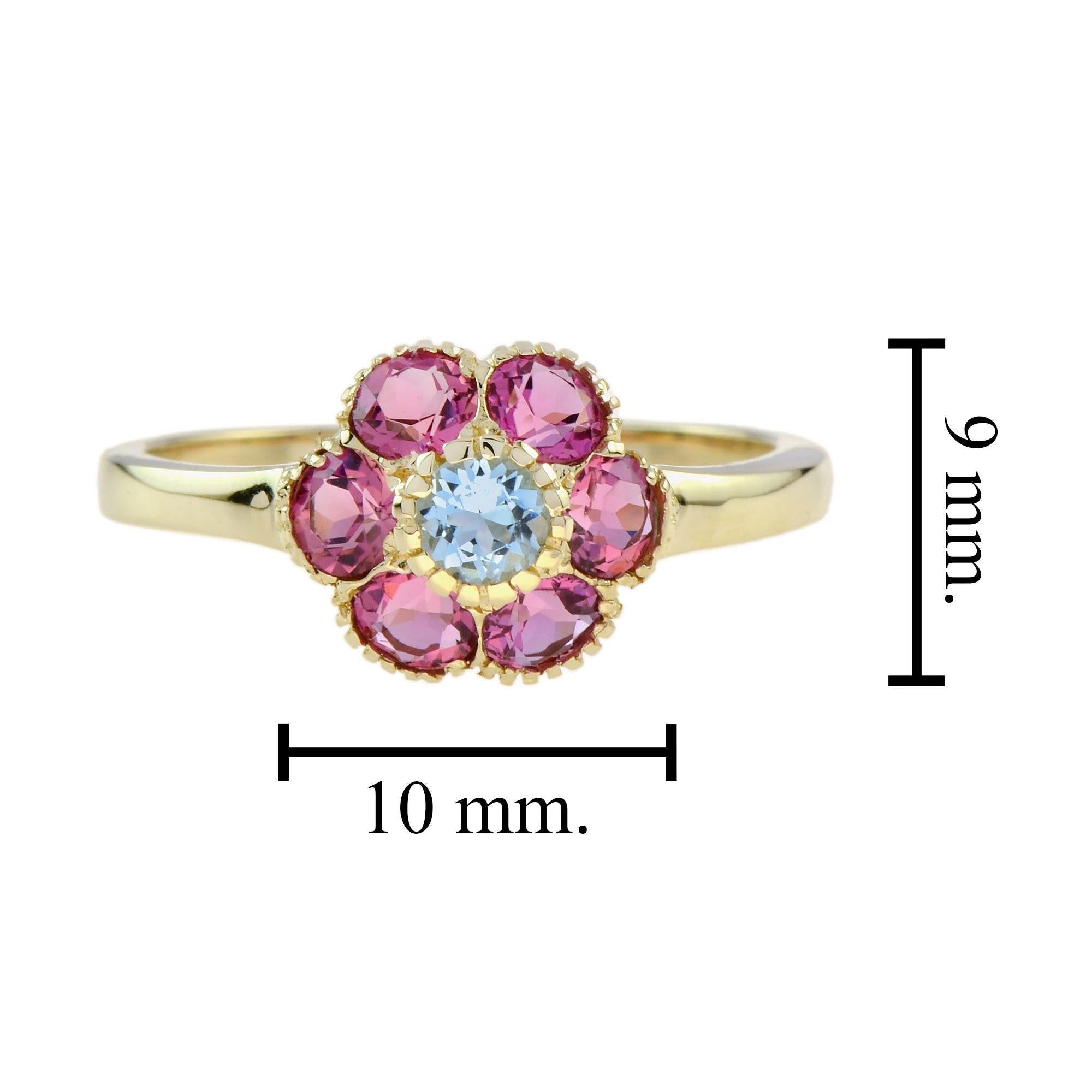 De las mujeres Anillo en racimo floral vintage de turmalina rosa aguamarina en oro amarillo de 9 quilates en venta