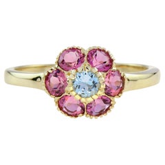 Aquamarine Pink Tourmaline Vintage Floral Cluster Ring in 9K Yellow Gold