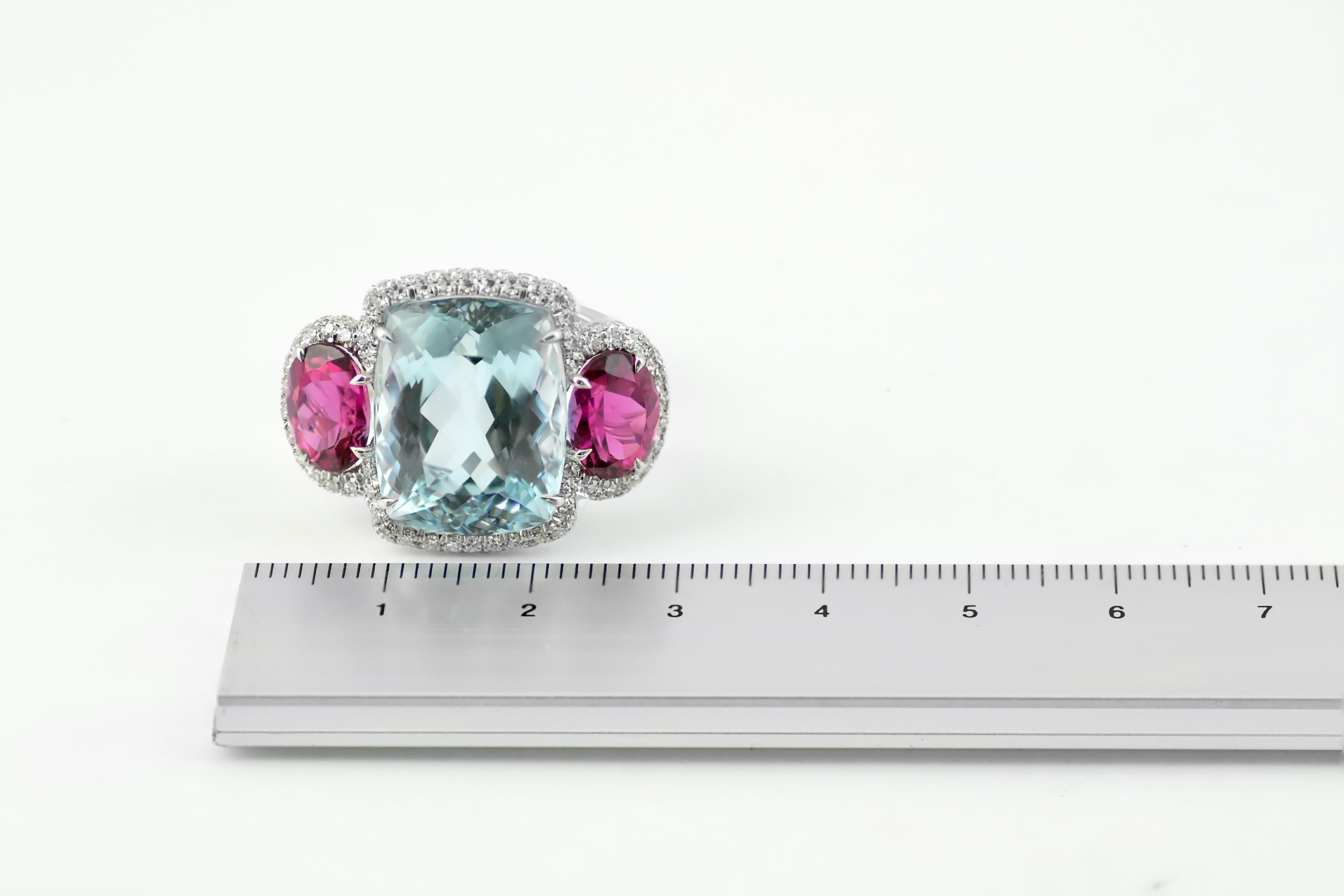 Margherita Burgener Handcrafted Pink Tourmaline Aquamarine Gold Diamond Ring  In New Condition In Valenza , IT