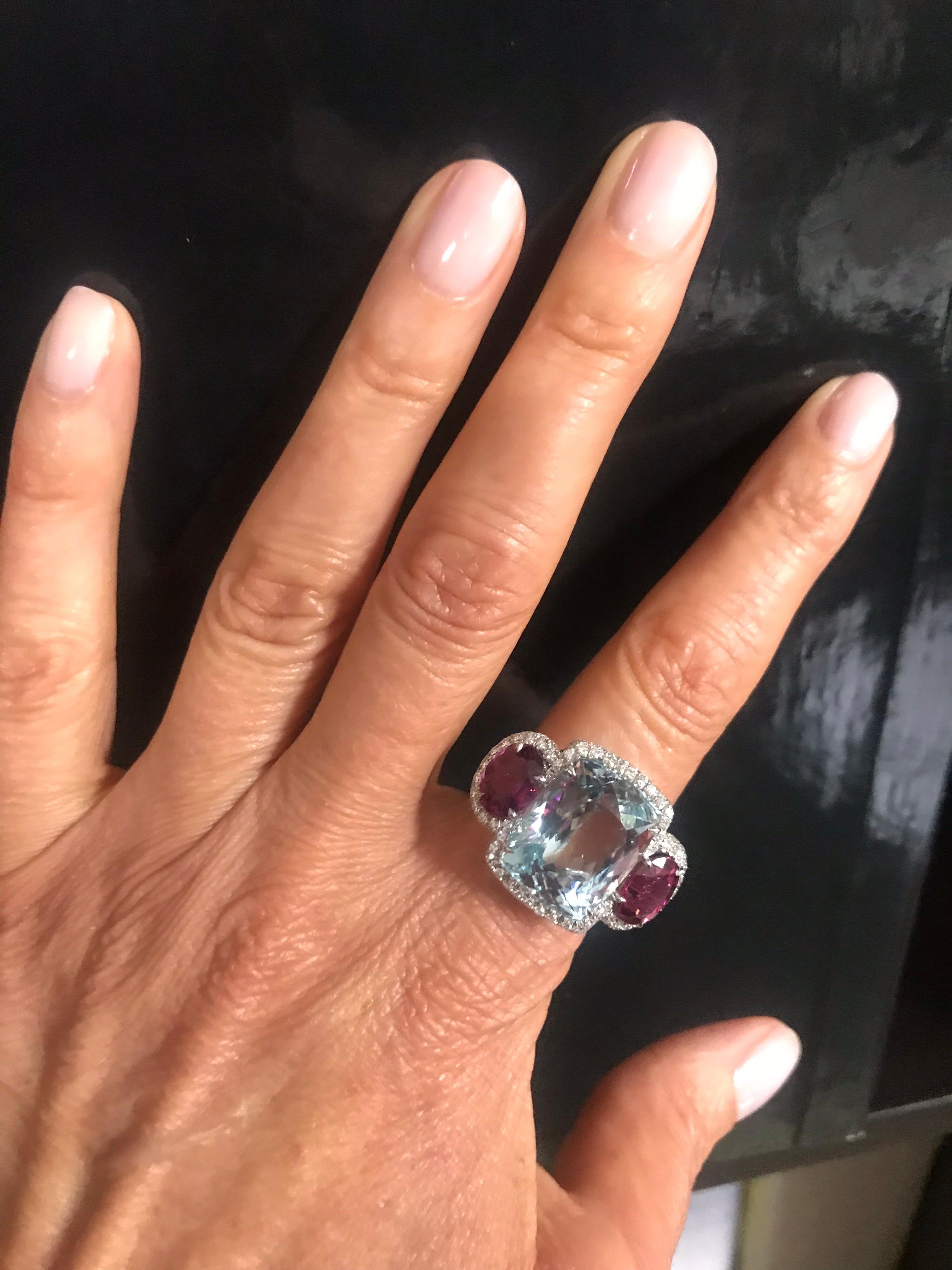 Women's Margherita Burgener Handcrafted Pink Tourmaline Aquamarine Gold Diamond Ring 