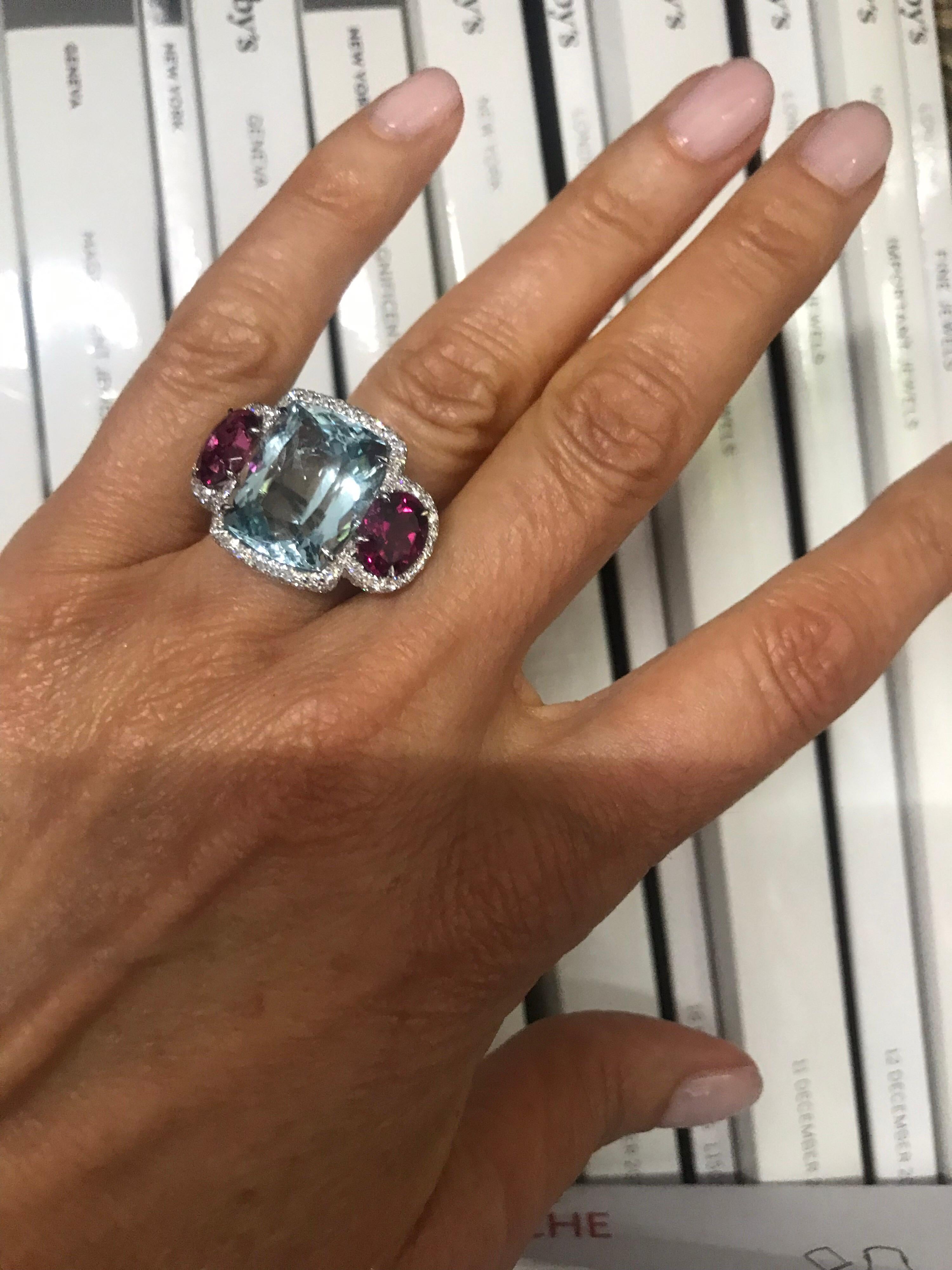 Margherita Burgener Handcrafted Pink Tourmaline Aquamarine Gold Diamond Ring  1
