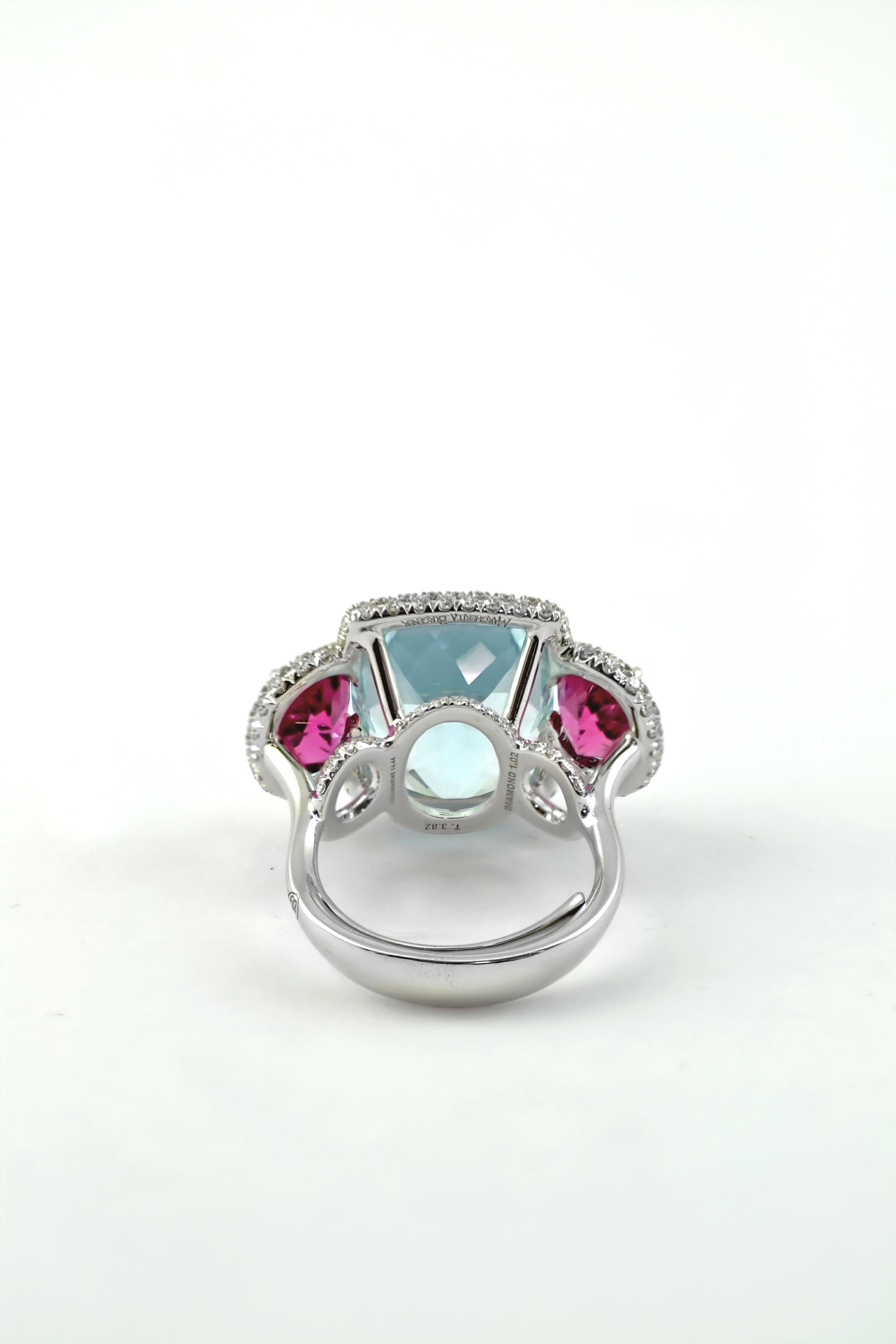 Contemporary Margherita Burgener Handcrafted Pink Tourmaline Aquamarine Gold Diamond Ring 