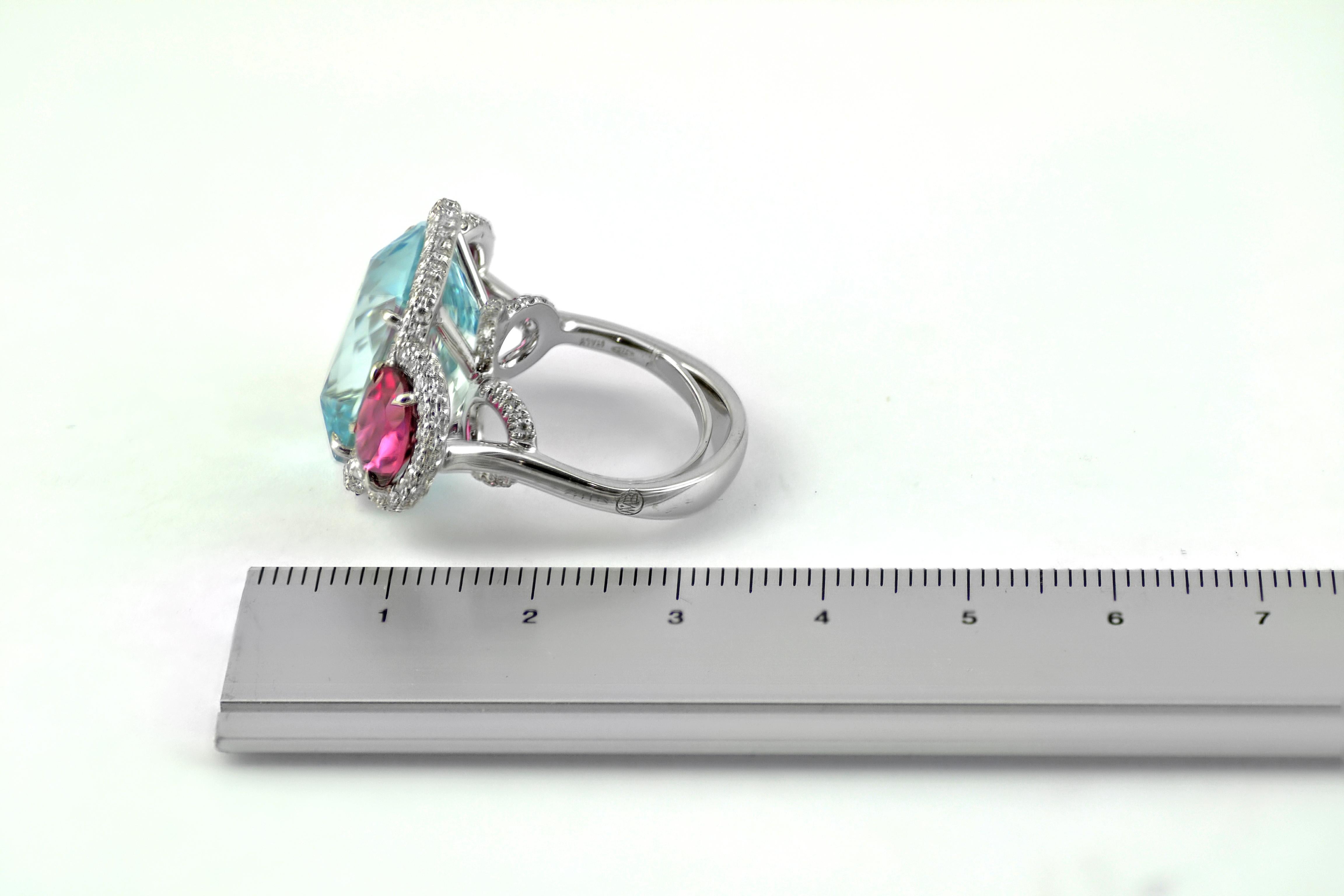 Round Cut Margherita Burgener Handcrafted Pink Tourmaline Aquamarine Gold Diamond Ring 